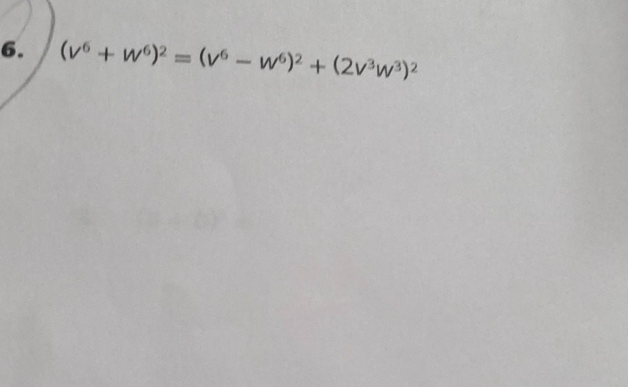 6. ((v^6 + w^6)^2 = (v^6 - w^6)^2 + (2v^3w^3)^2)