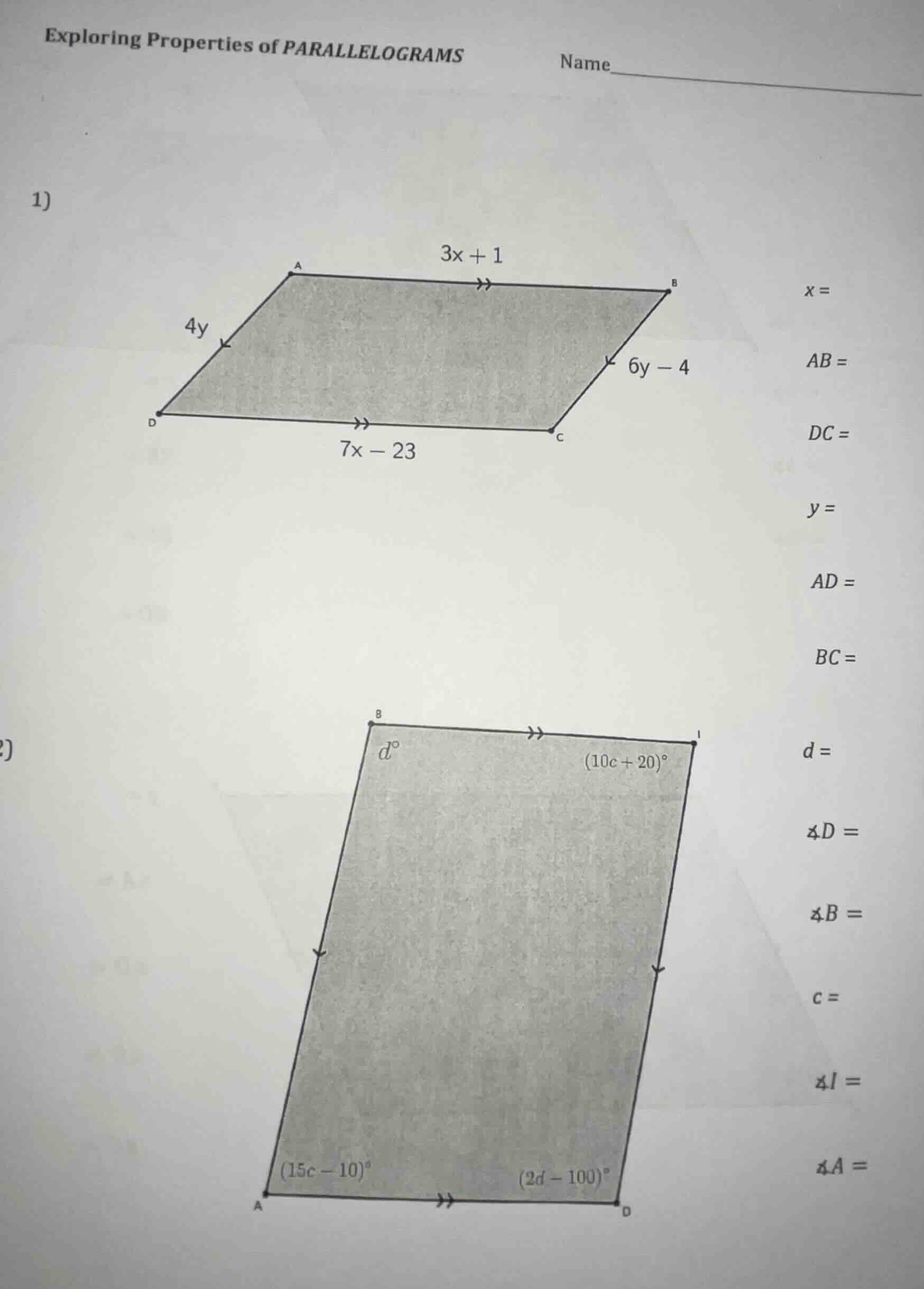 exploring properties of parallelograms name 1) (figure of a parallelogr…