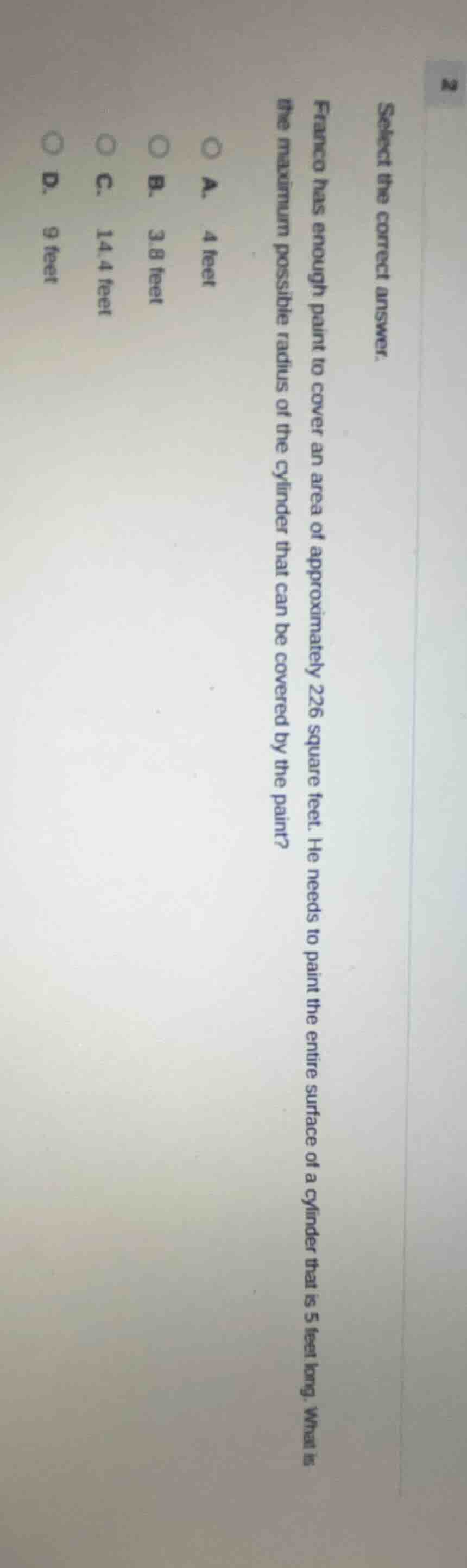 select the correct answer. franco has enough paint to cover an area of …