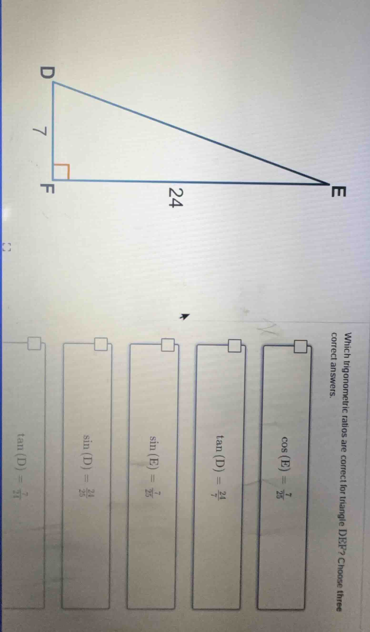 which trigonometric ratios are correct for triangle def? choose three c…