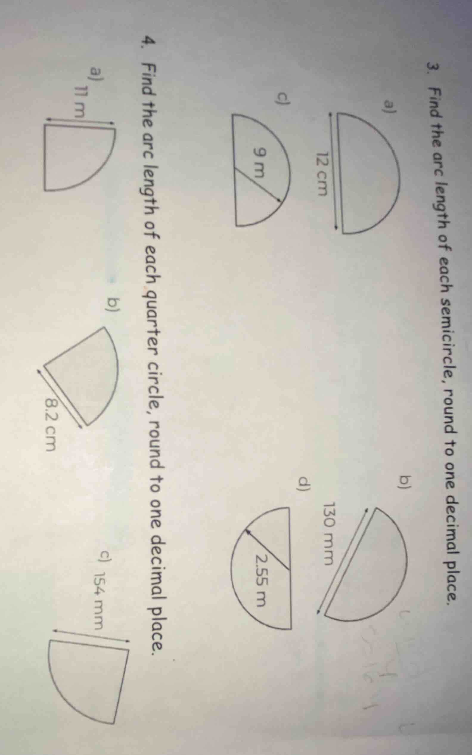 4. find the arc length of each quarter circle, round to one decimal pla…
