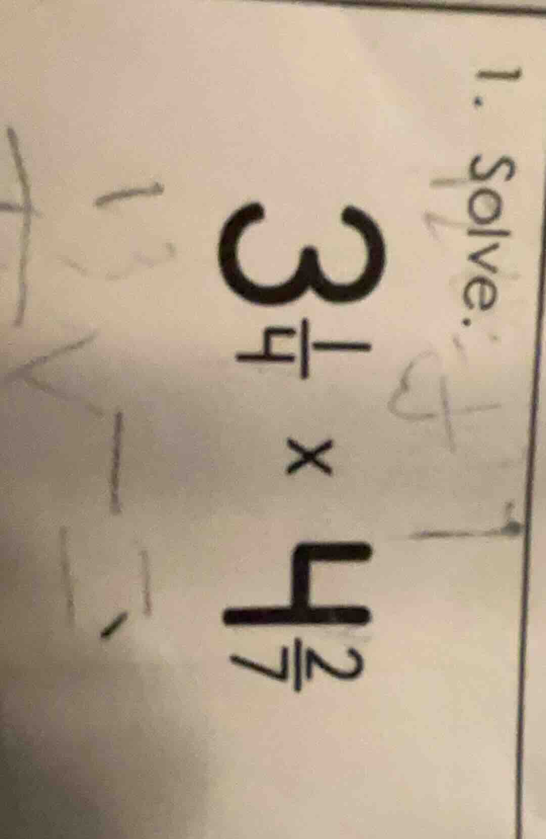1. solve. $3\\frac{1}{4} \\times 4\\frac{2}{7}$
