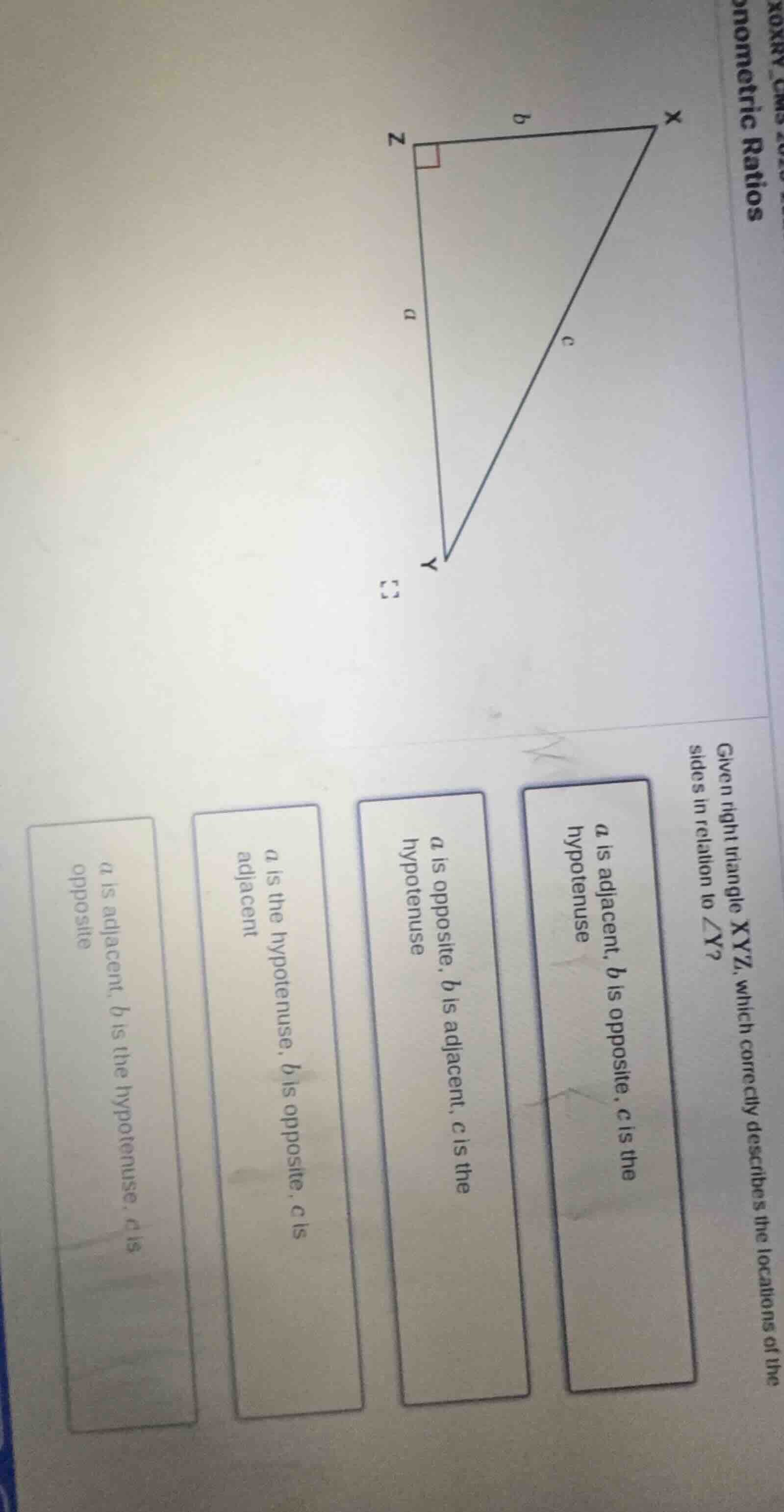 trigonometric ratios given right triangle xyz, which correctly describe…