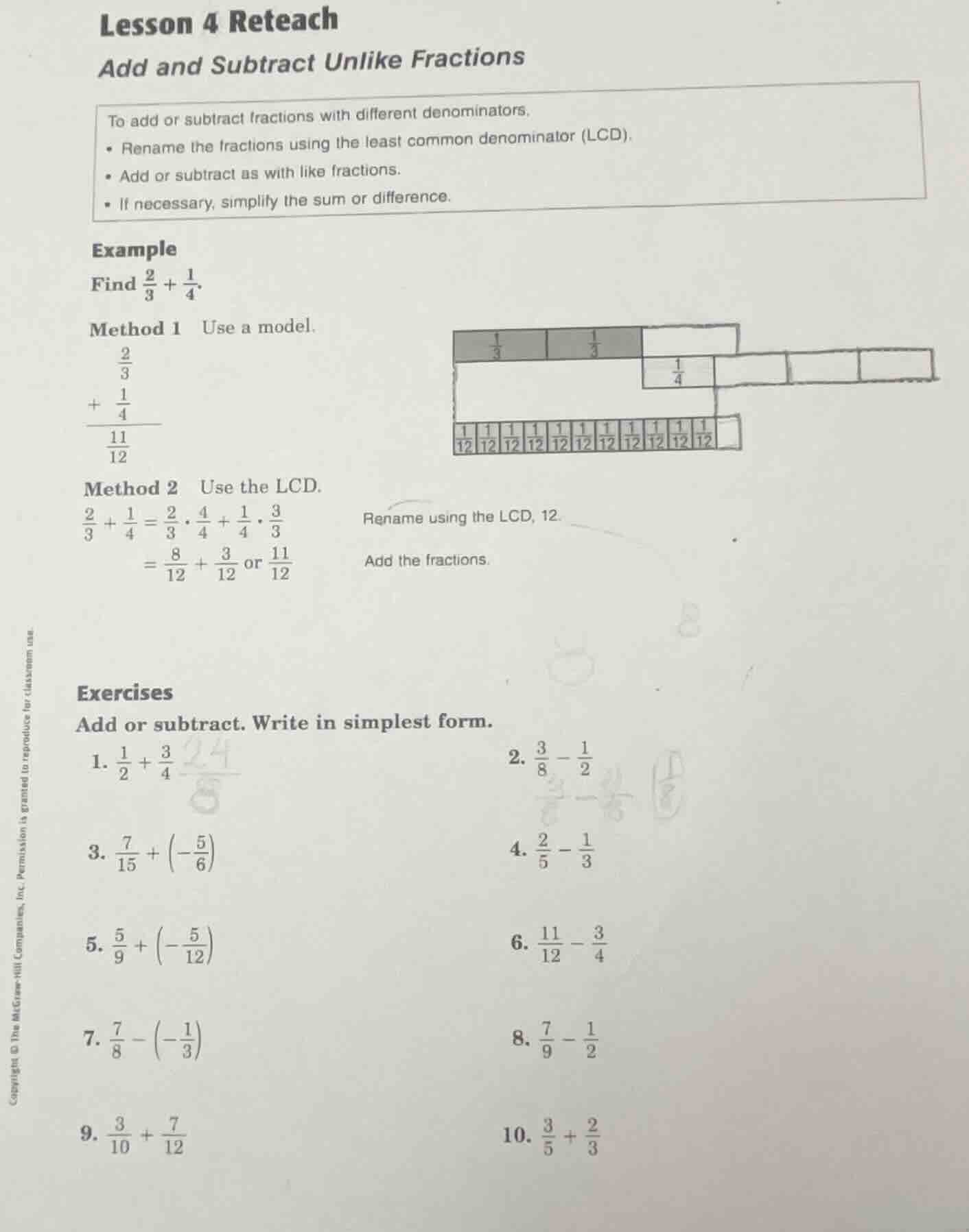 lesson 4 reteach add and subtract unlike fractions to add or subtract f…