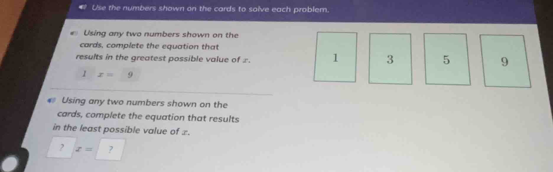 use the numbers shown on the cards to solve each problem. using any two…