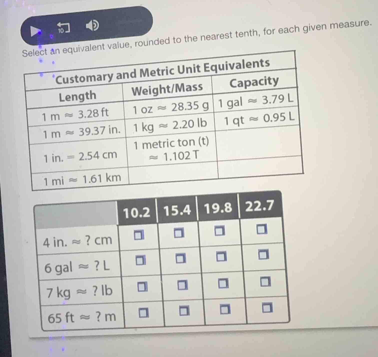 select an equivalent value, rounded to the nearest tenth, for each give…