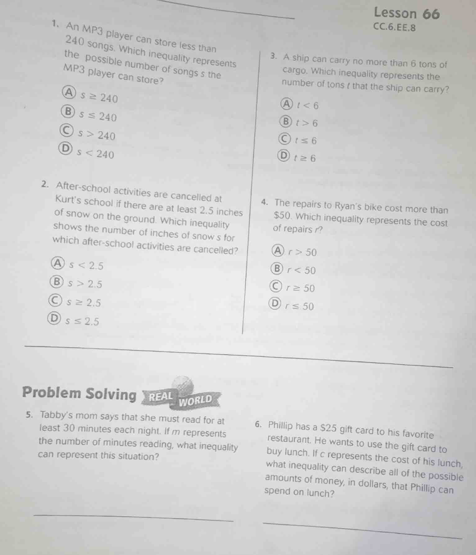 1. an mp3 player can store less than 240 songs. which inequality repres…