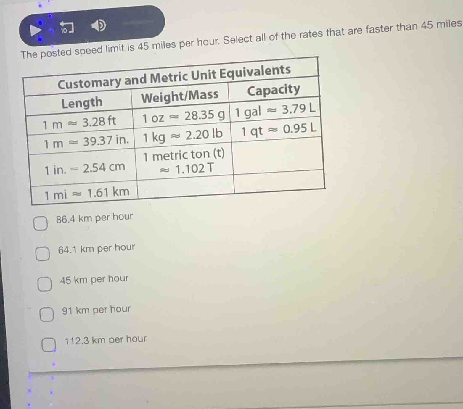 the posted speed limit is 45 miles per hour. select all of the rates th…