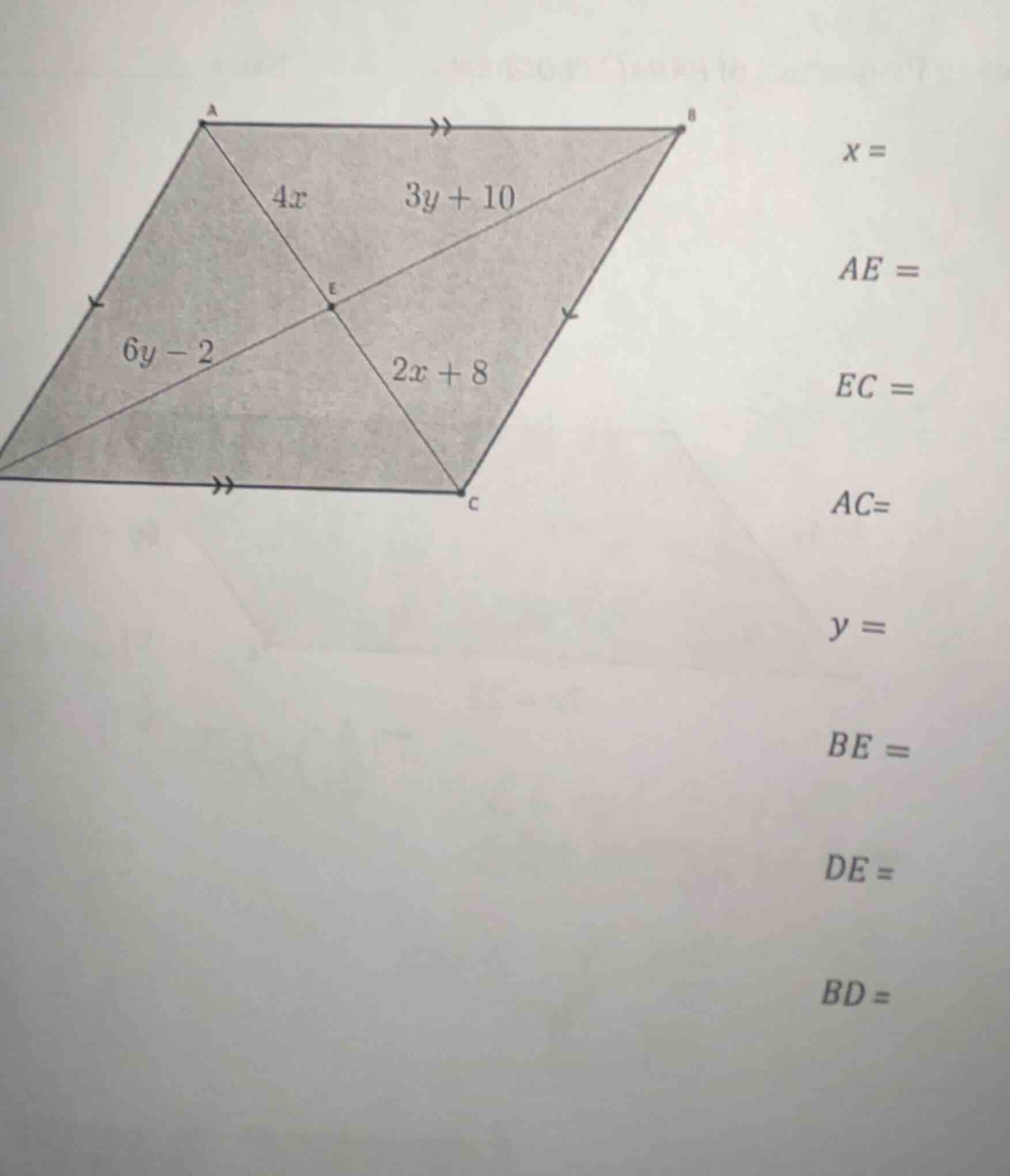 in the parallelogram abcd, diagonals ac and bd intersect at point e. th…
