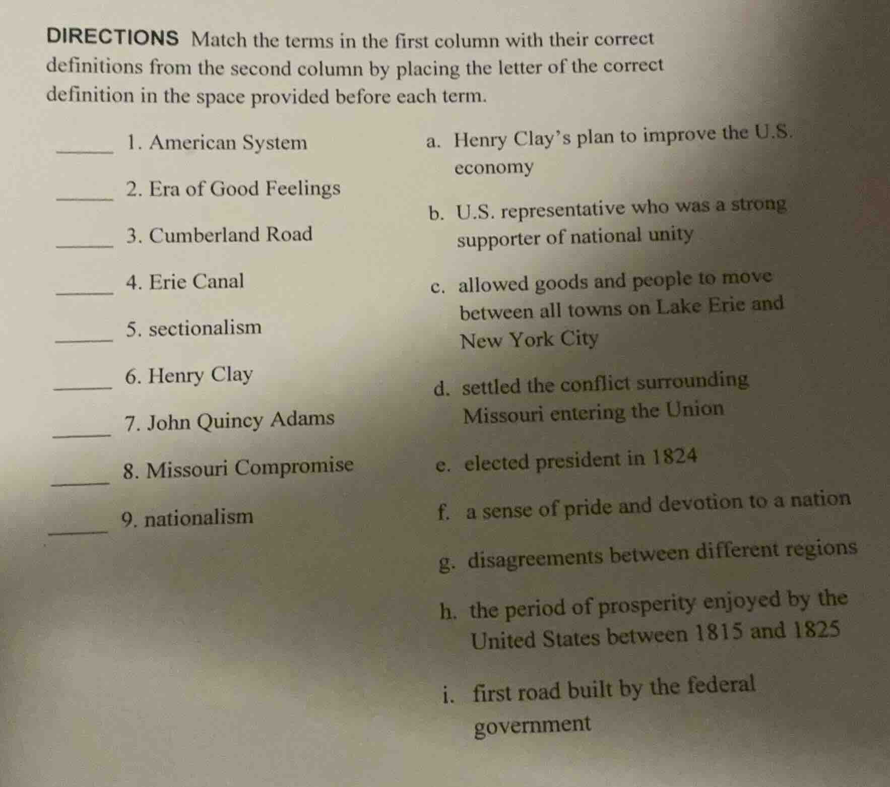 directions match the terms in the first column with their correct defin…