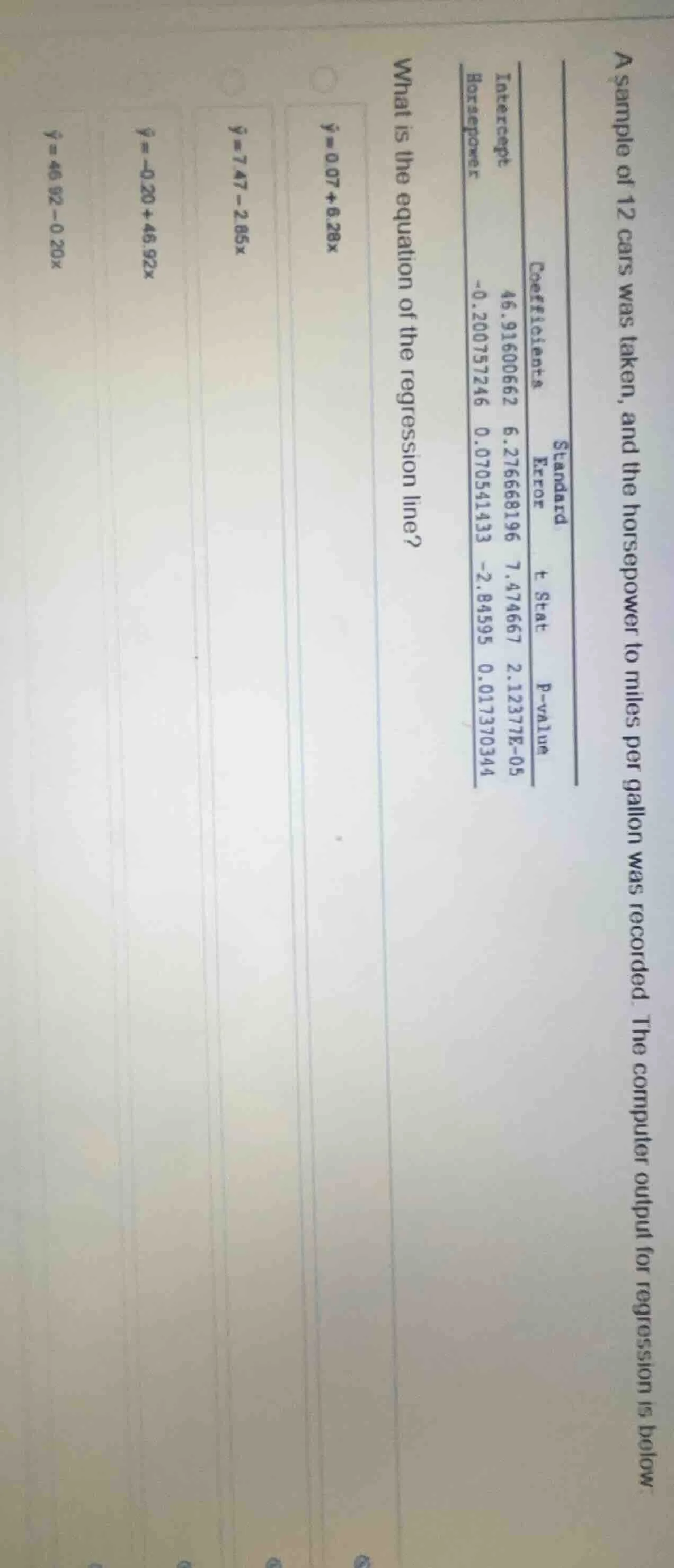 a sample of 12 cars was taken, and the horsepower to miles per gallon w…