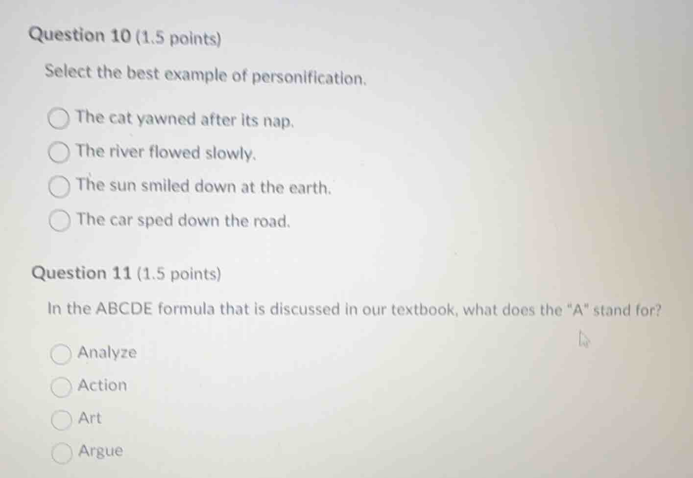 question 10 (1.5 points) select the best example of personification. ○ …