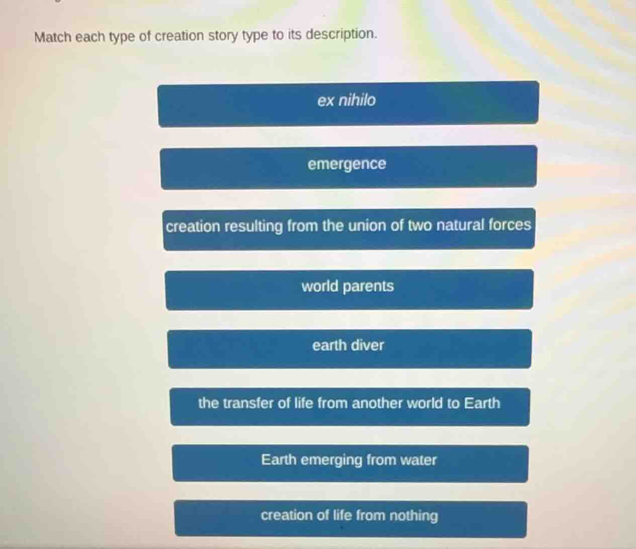 match each type of creation story type to its description. ex nihilo em…