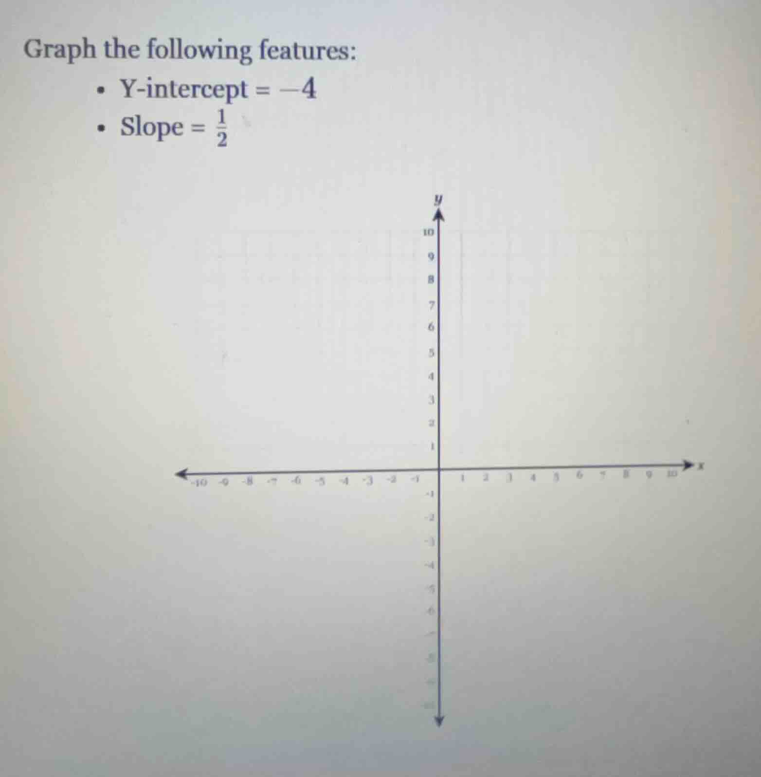 graph the following features: • y-intercept = -4 • slope = 1/2