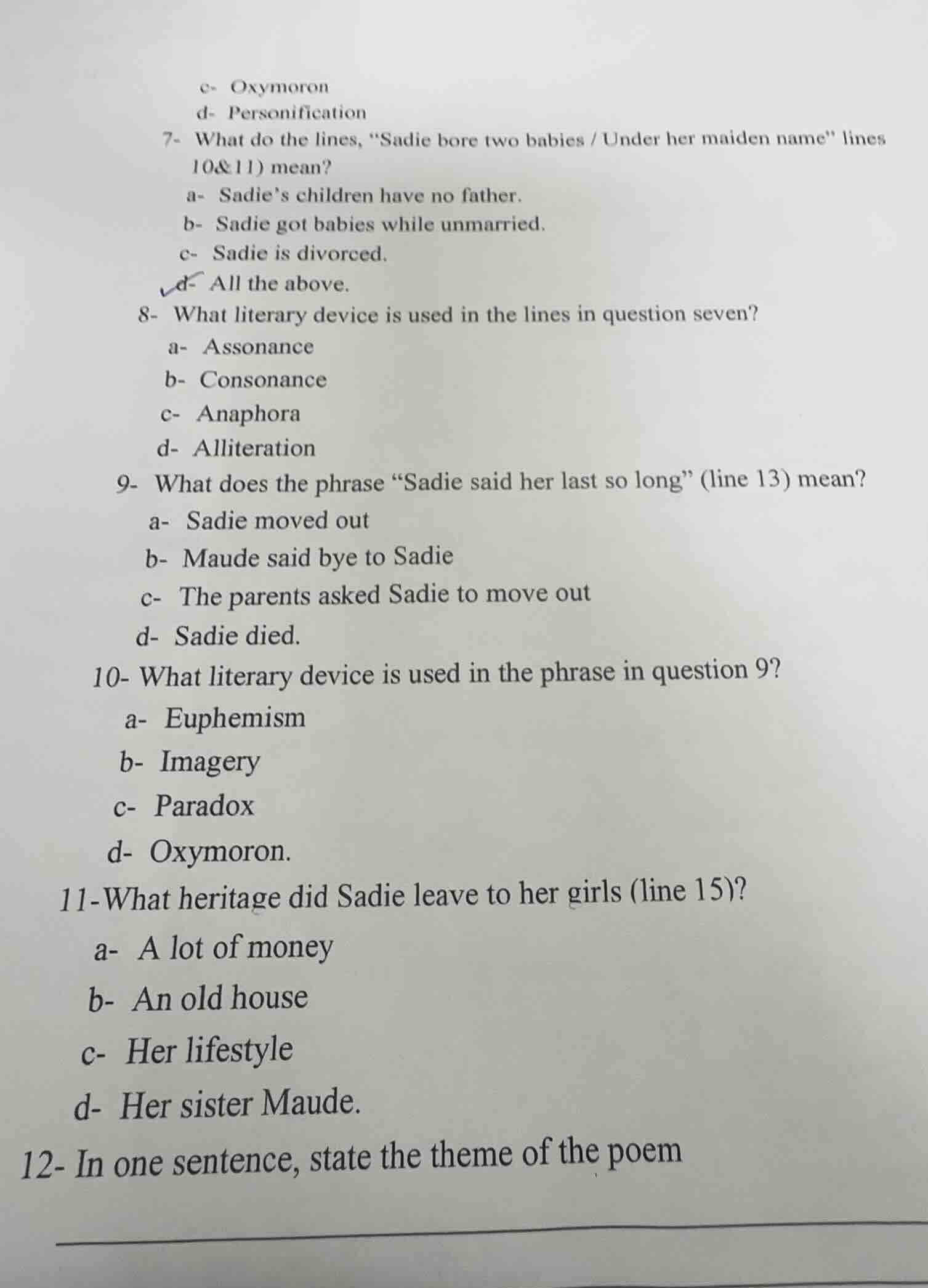 c- oxymoron d- personification 7- what do the lines, \sadie bore two ba…