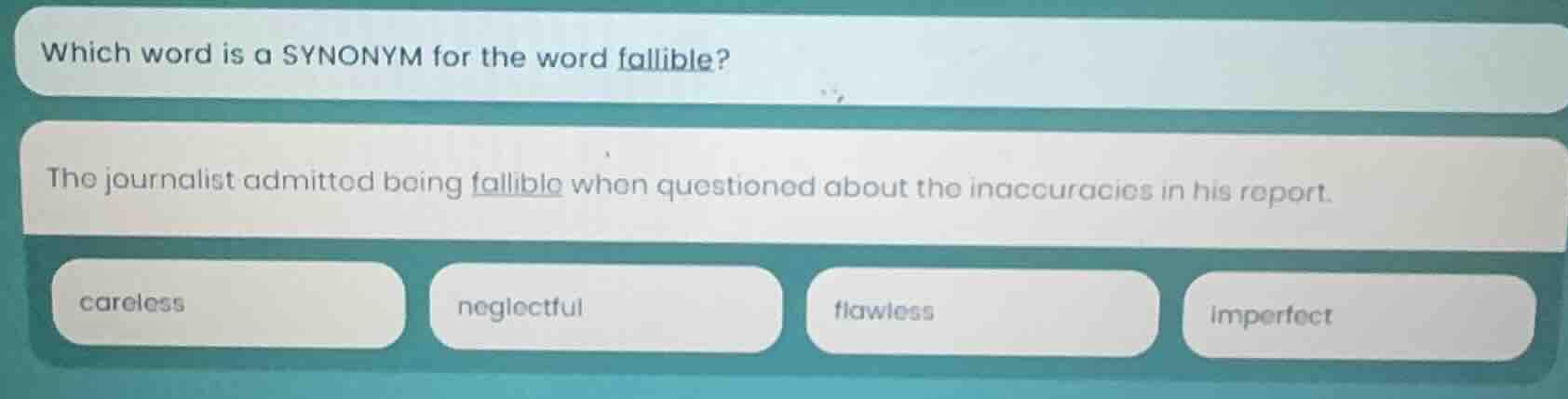 which word is a synonym for the word fallible? the journalist admitted …