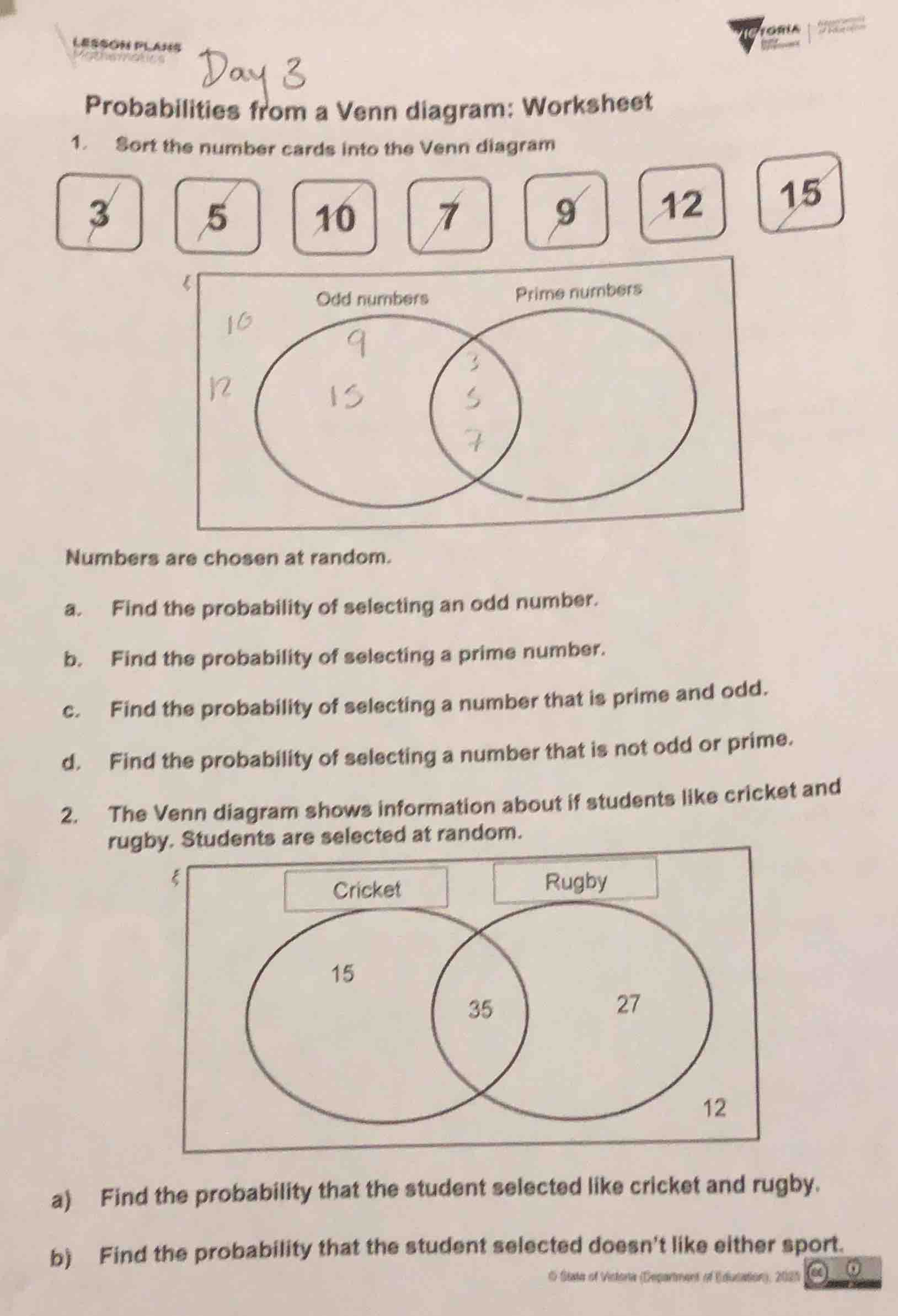 lesson plans mathematics day 3 probabilities from a venn diagram: works…