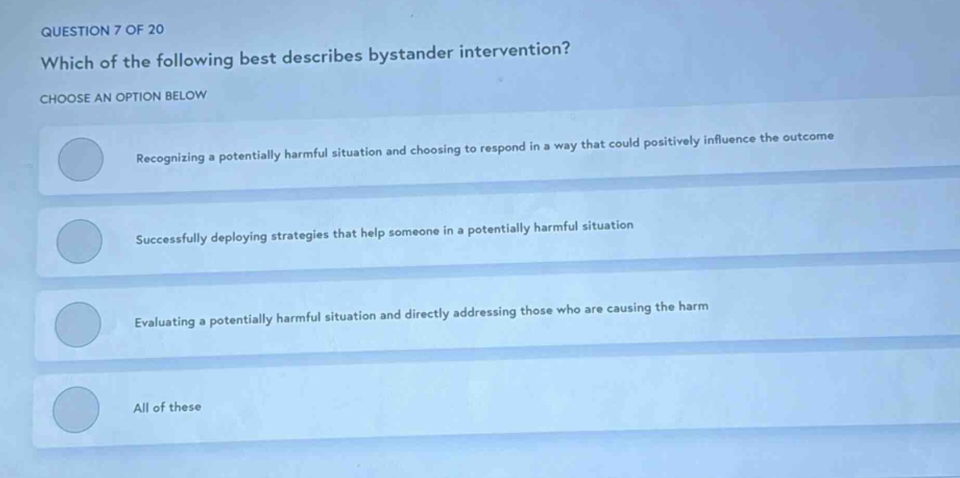 question 7 of 20 which of the following best describes bystander interv…