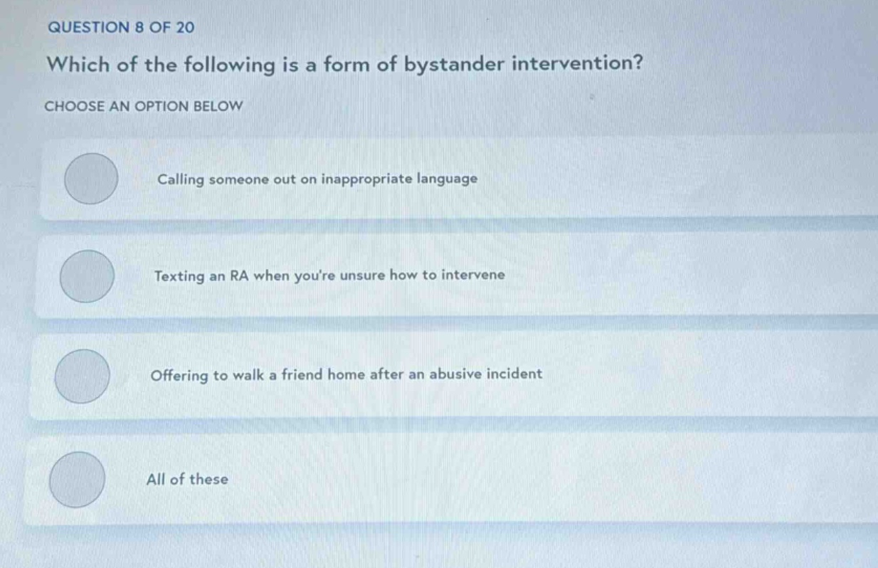 question 8 of 20 which of the following is a form of bystander interven…