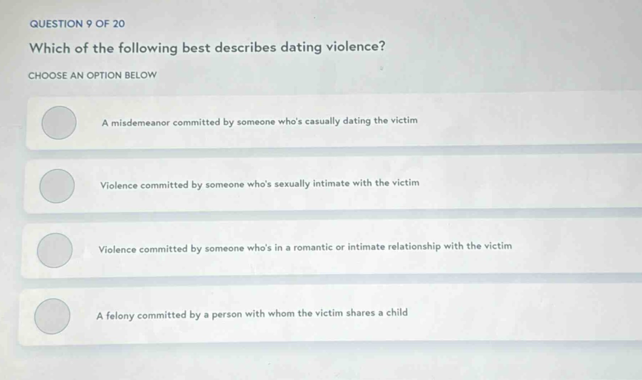 question 9 of 20 which of the following best describes dating violence?…