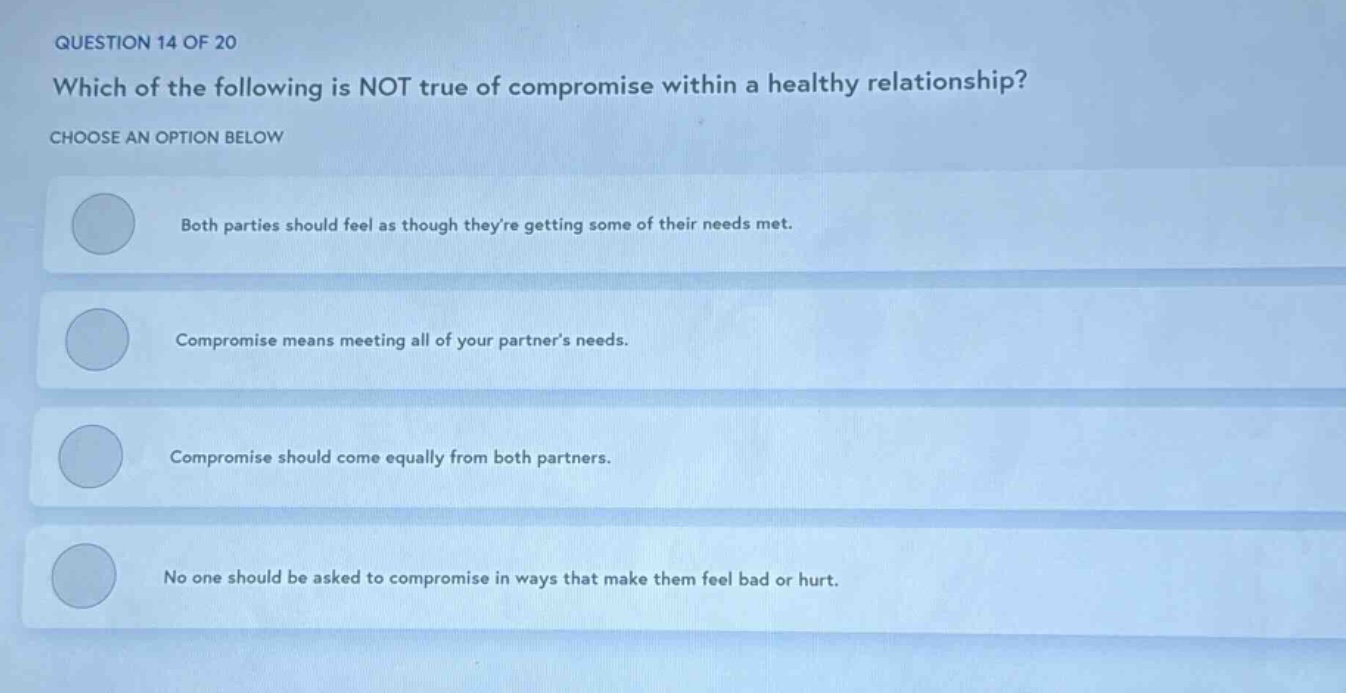 question 14 of 20 which of the following is not true of compromise with…