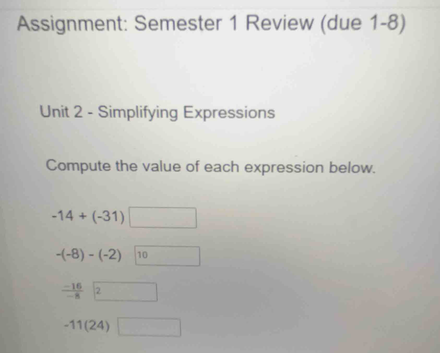 assignment: semester 1 review (due 1-8) unit 2 - simplifying expression…