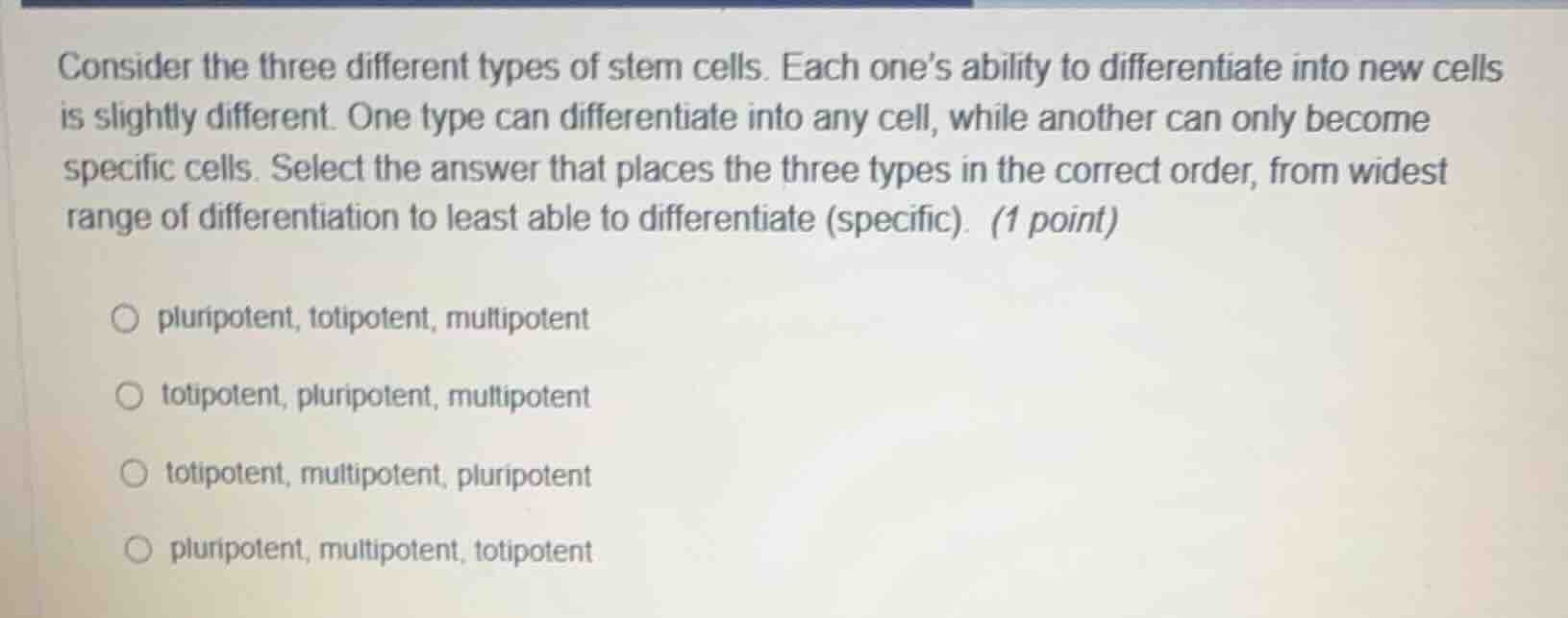 consider the three different types of stem cells. each ones ability to …
