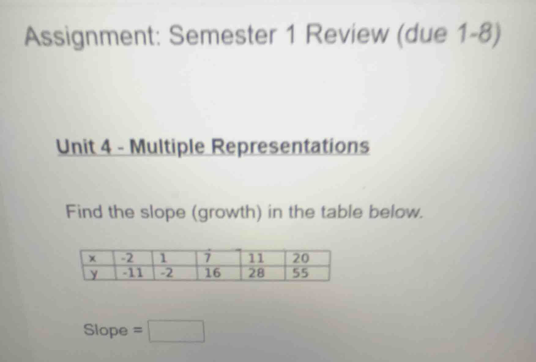 assignment: semester 1 review (due 1-8) unit 4 - multiple representatio…