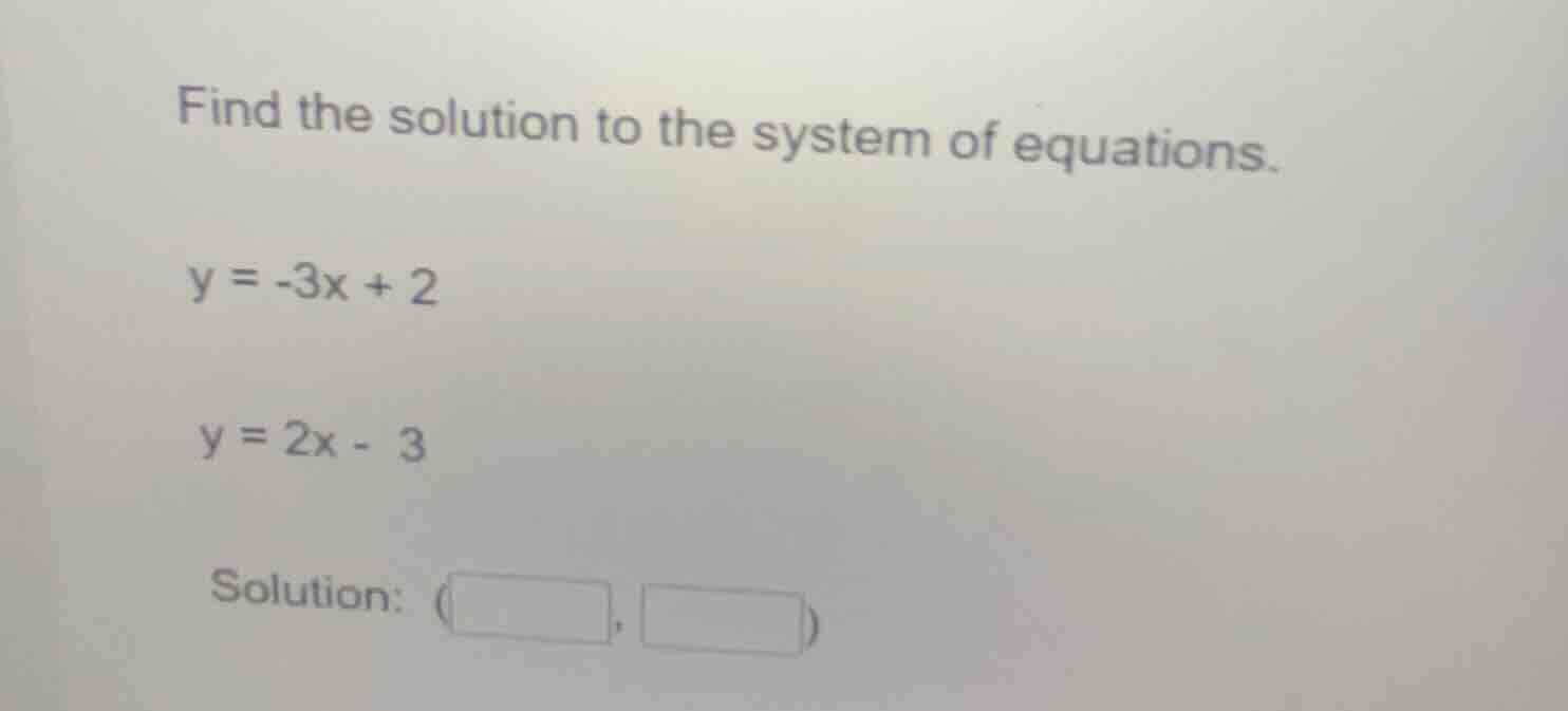 find the solution to the system of equations. y = -3x + 2 y = 2x - 3 so…