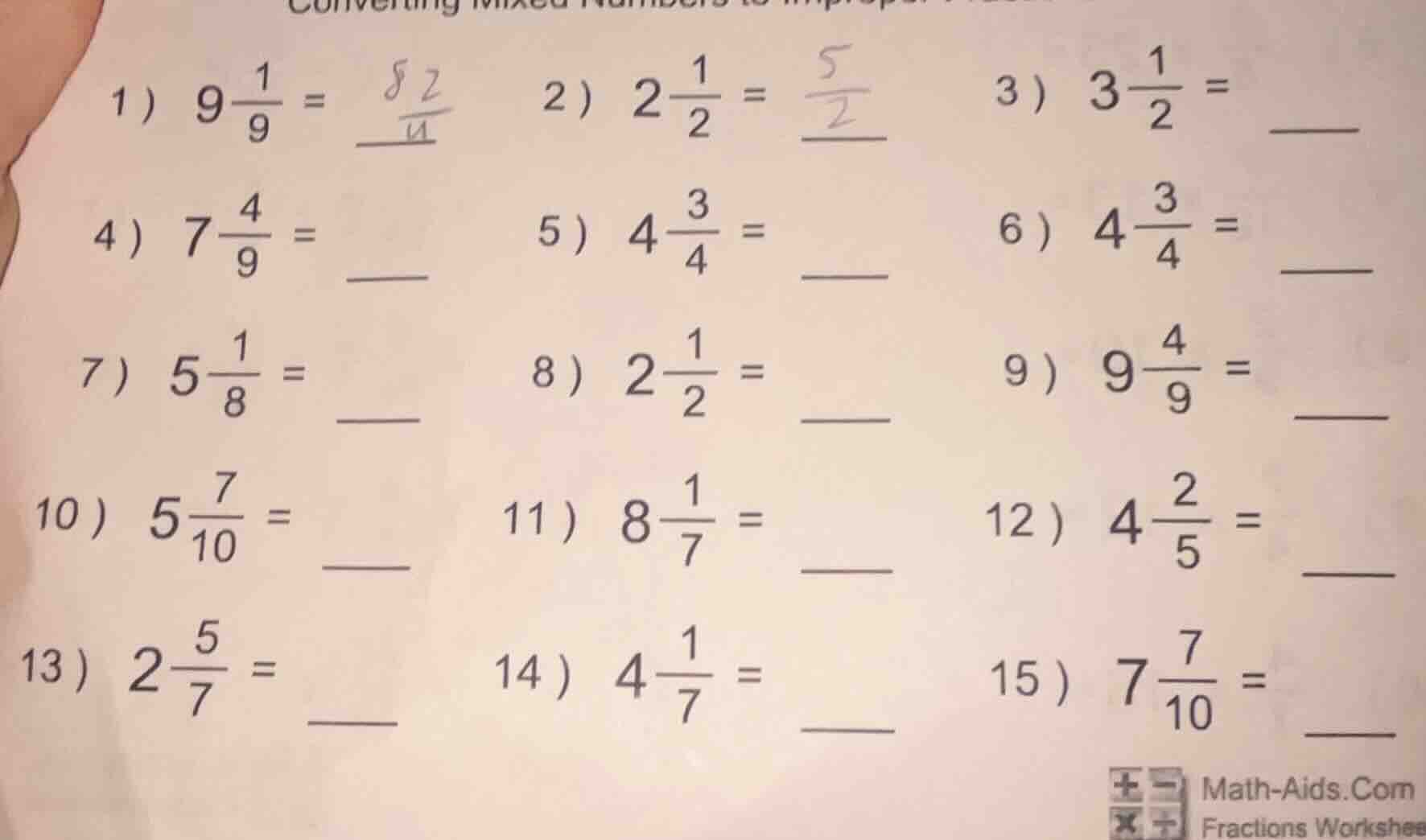 converting mixed numbers to improper fractions 1) $9\\frac{1}{9} = \\fr…