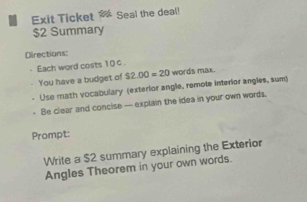 exit ticket seal the deal! $2 summary directions: - each word costs 10 …