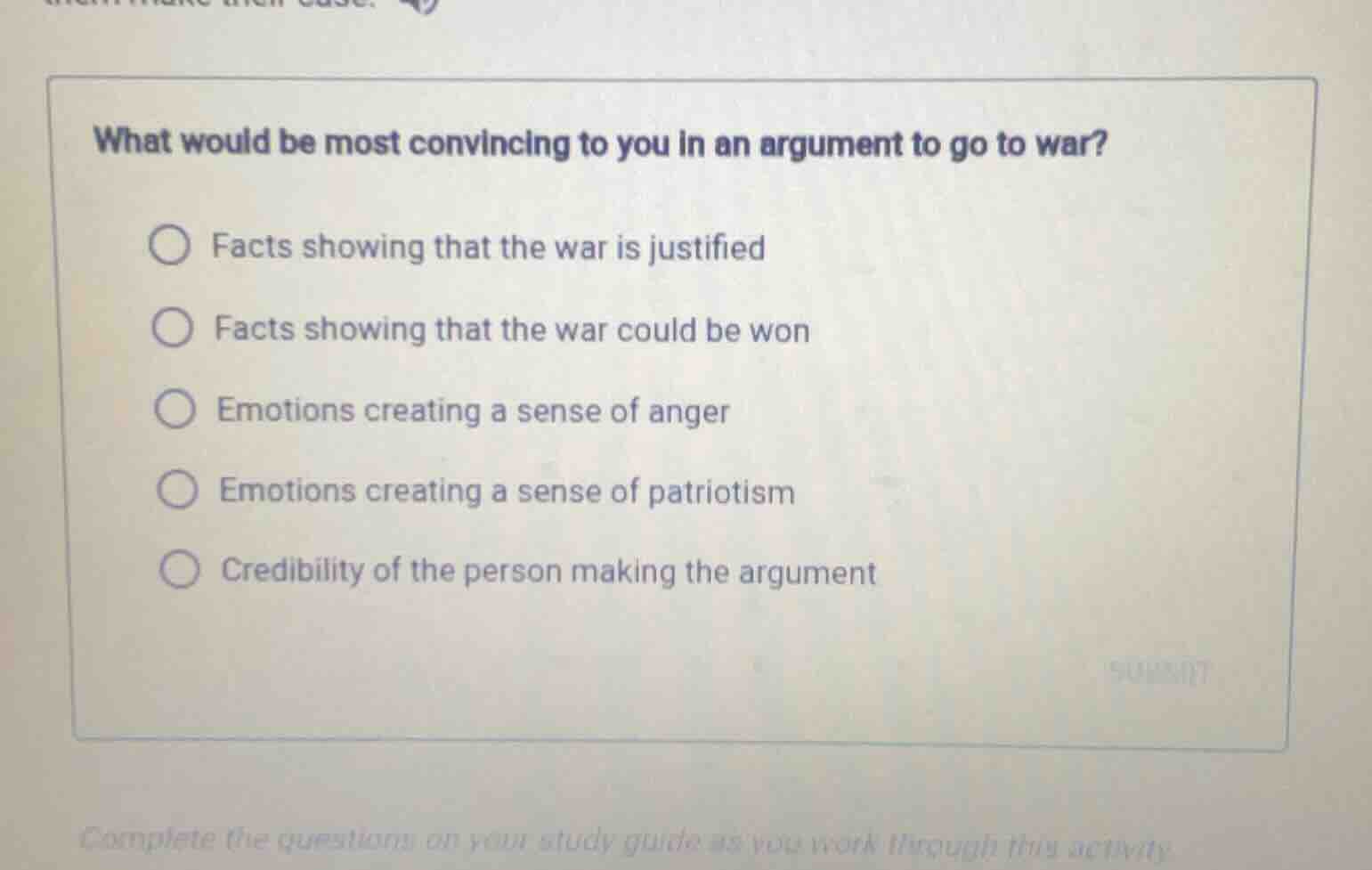 what would be most convincing to you in an argument to go to war? ○ fac…
