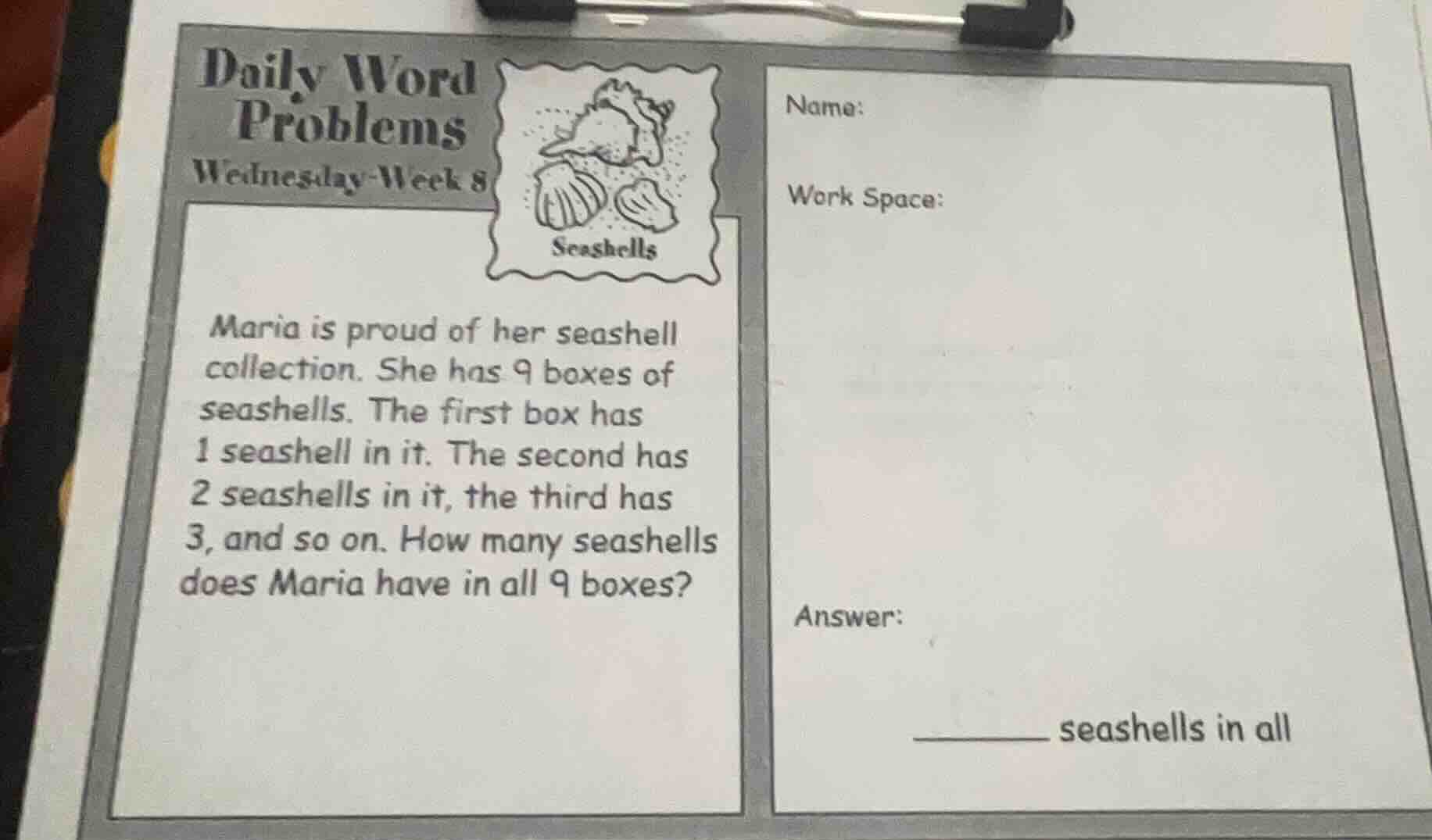 daily word problems wednesday-week 8 maria is proud of her seashell col…