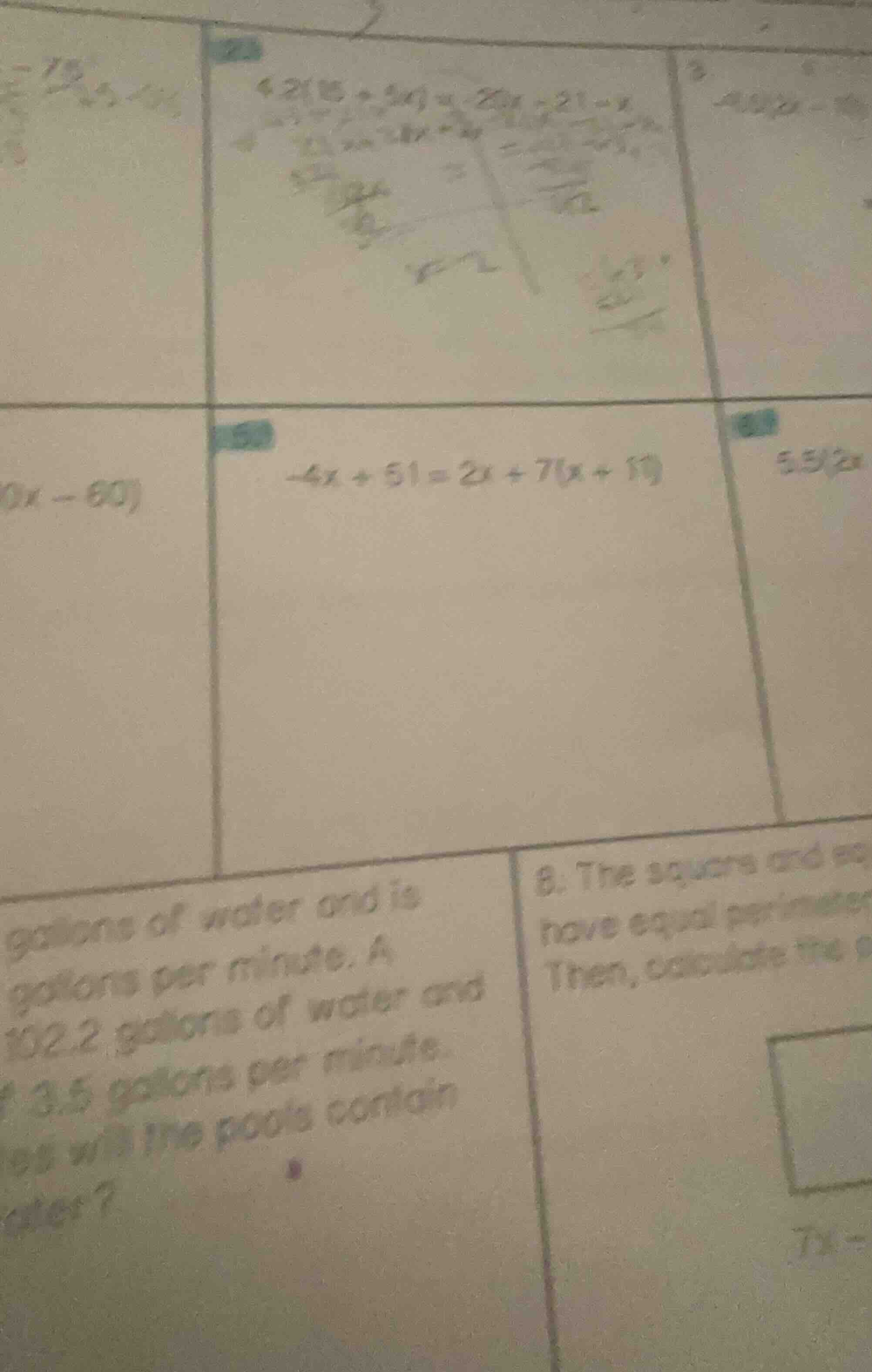 -4x + 51 = 2x + 7(x + 1) gallons of water and is gallons per minute. a …