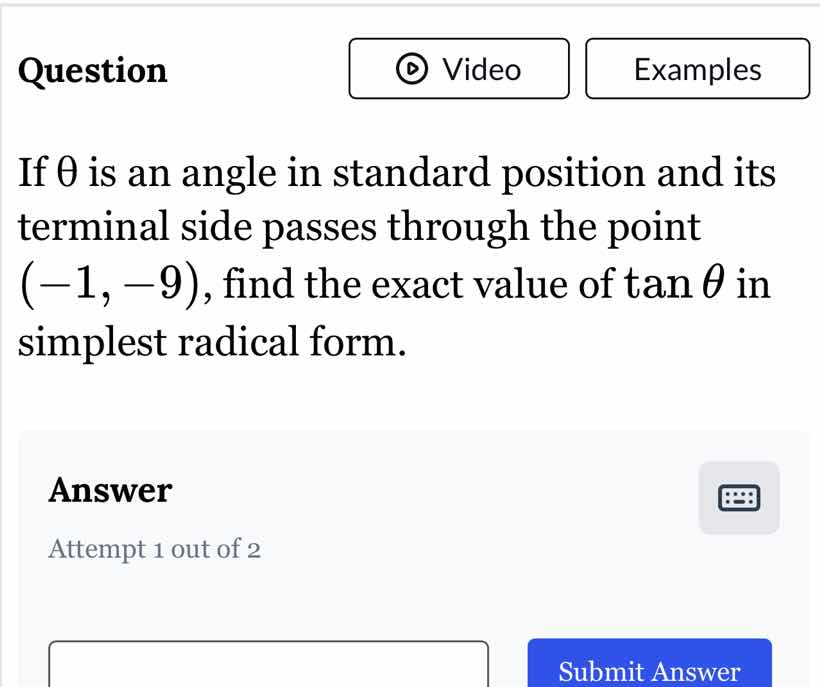 question if θ is an angle in standard position and its terminal side pa…