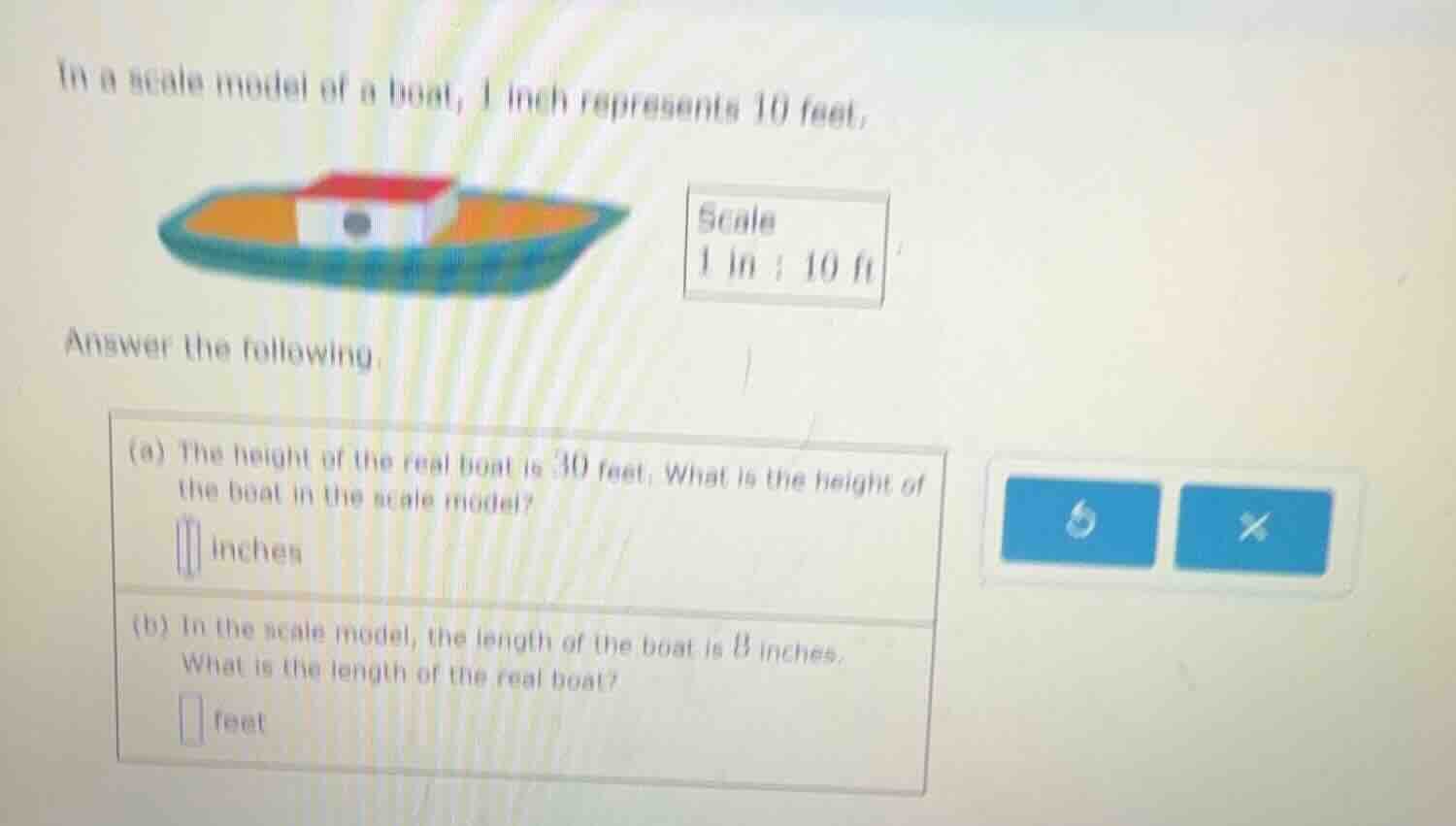in a scale model of a boat, 1 inch represents 10 feet. image of a boat …