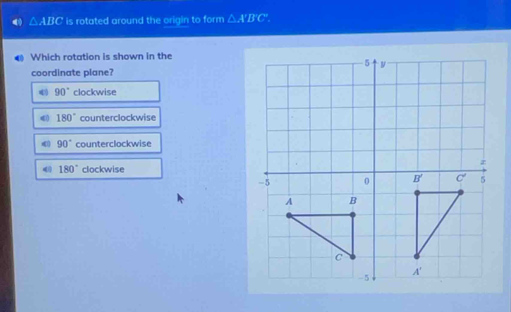 △abc is rotated around the origin to form △abc. which rotation is shown…