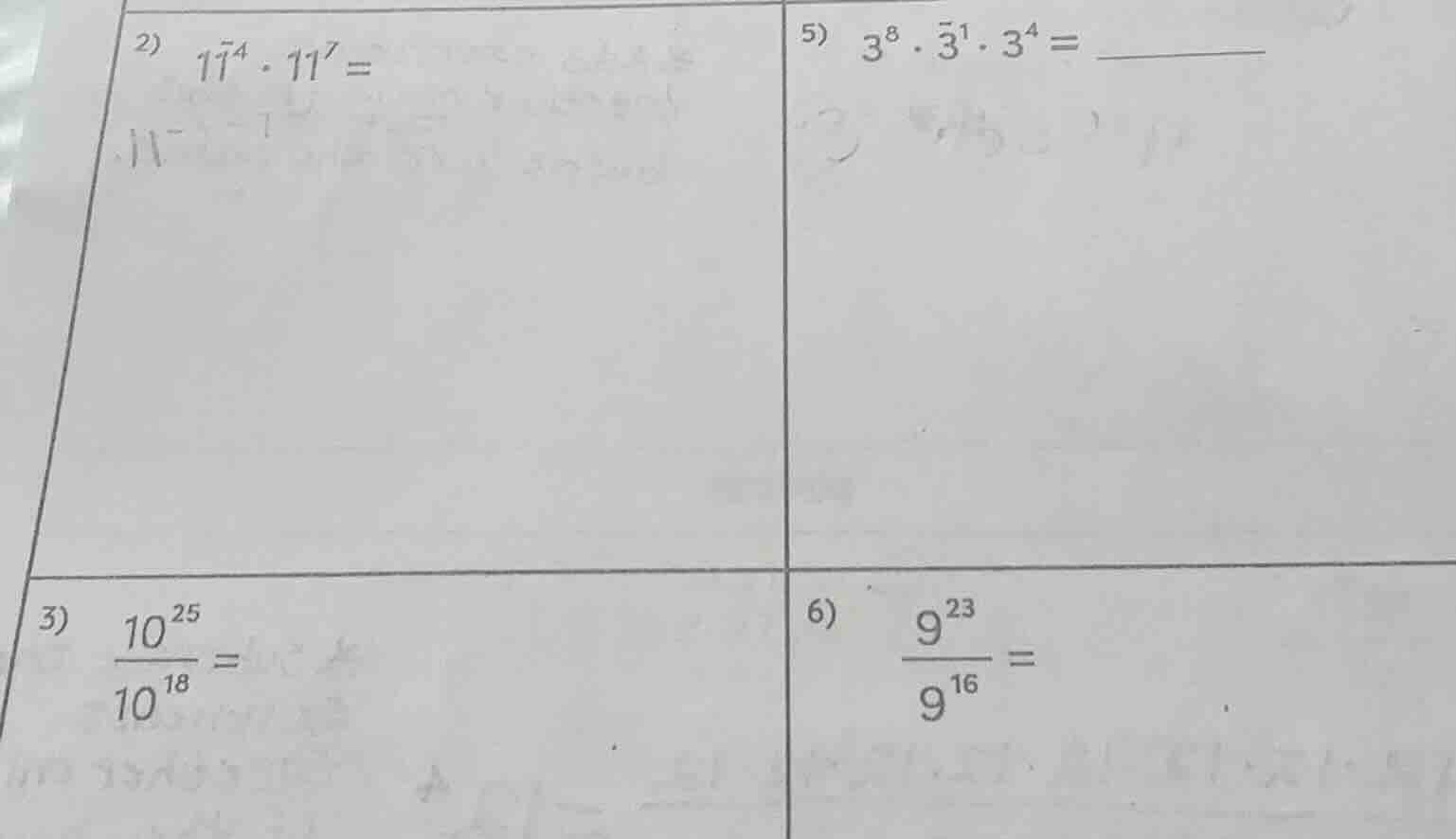 2) $11^{4} cdot 11^{7} =$ 5) $3^{8} cdot 3^{1} cdot 3^{4} =$ 3) $\frac{…