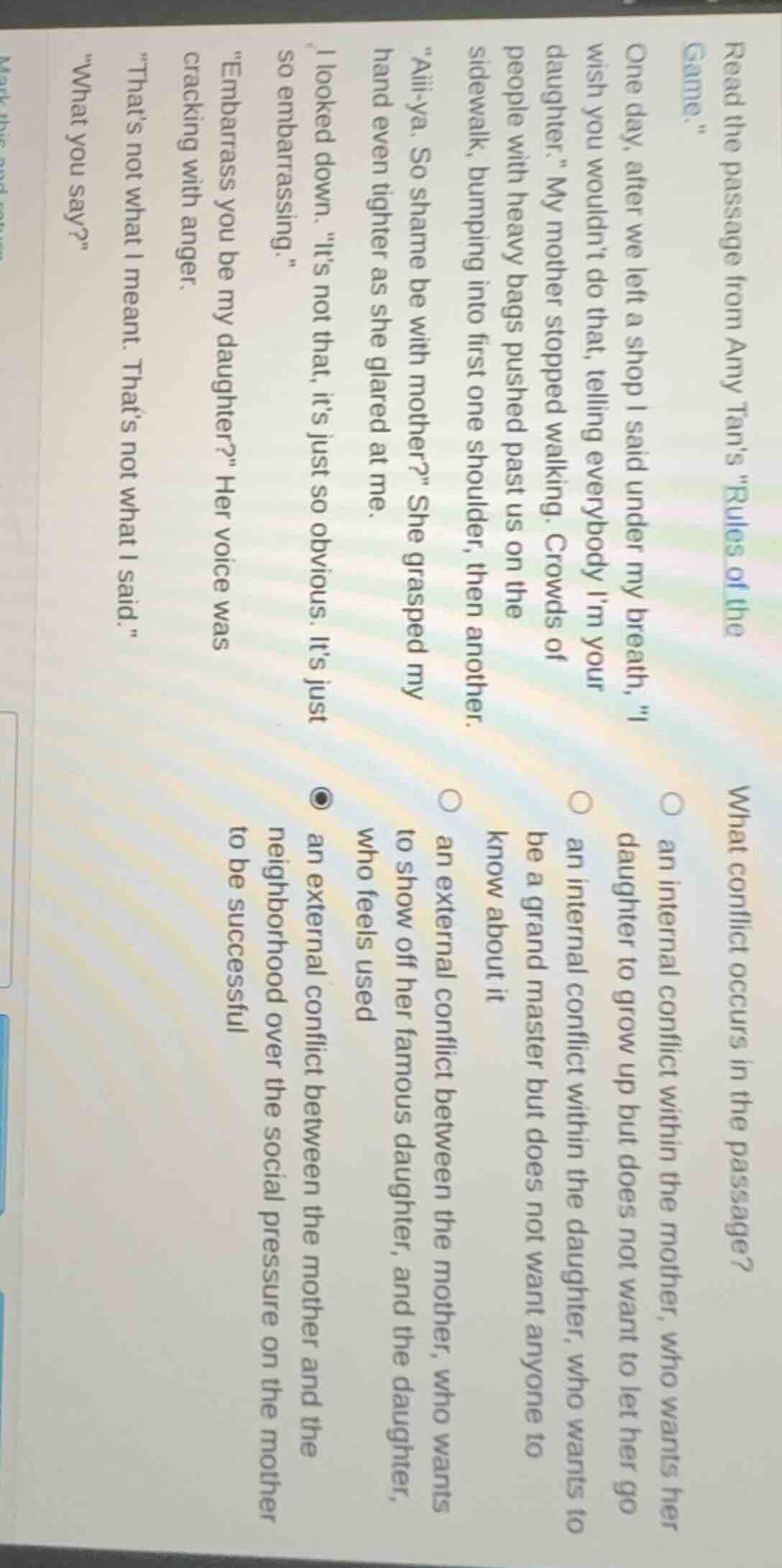 read the passage from amy tans ules of the game.\ one day, after we lef…