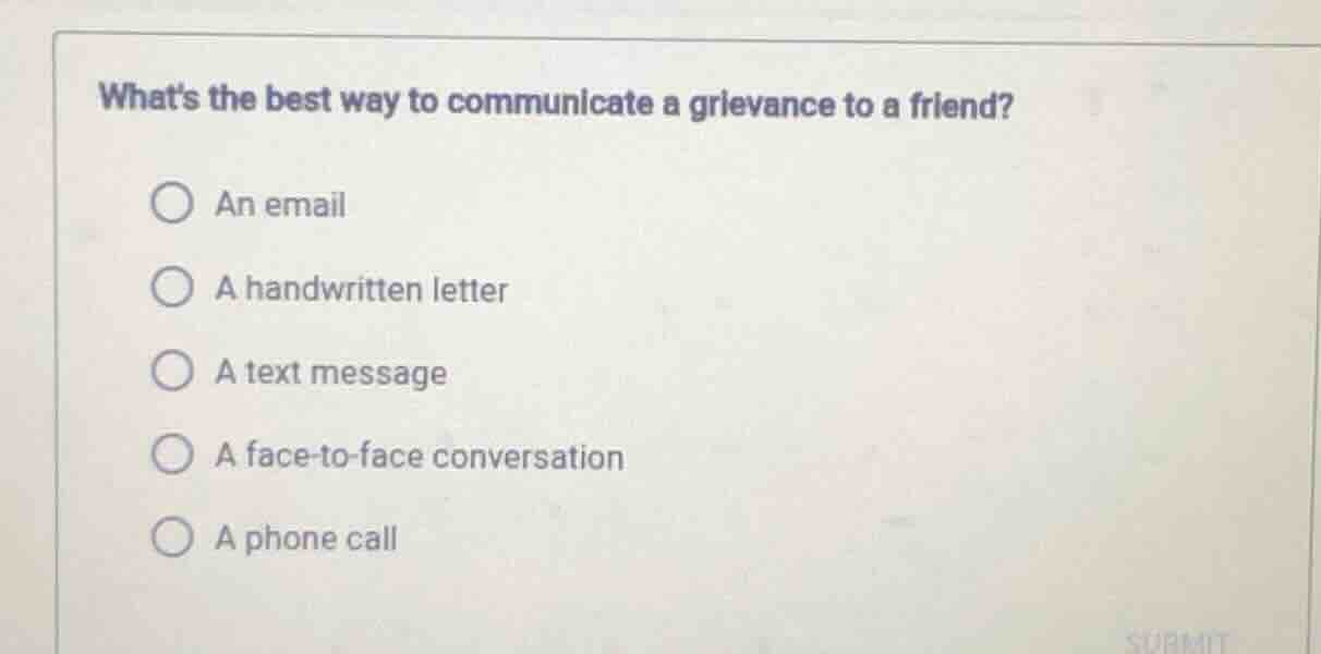 whats the best way to communicate a grievance to a friend? ○ an email ○…