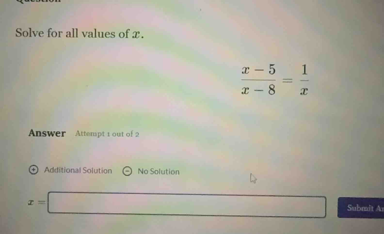 solve for all values of x. \\(\\frac{x - 5}{x - 8} = \\frac{1}{x}\\) an…