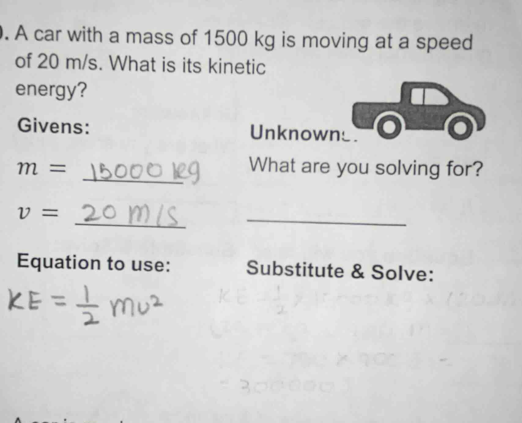 a car with a mass of 1500 kg is moving at a speed of 20 m/s. what is it…