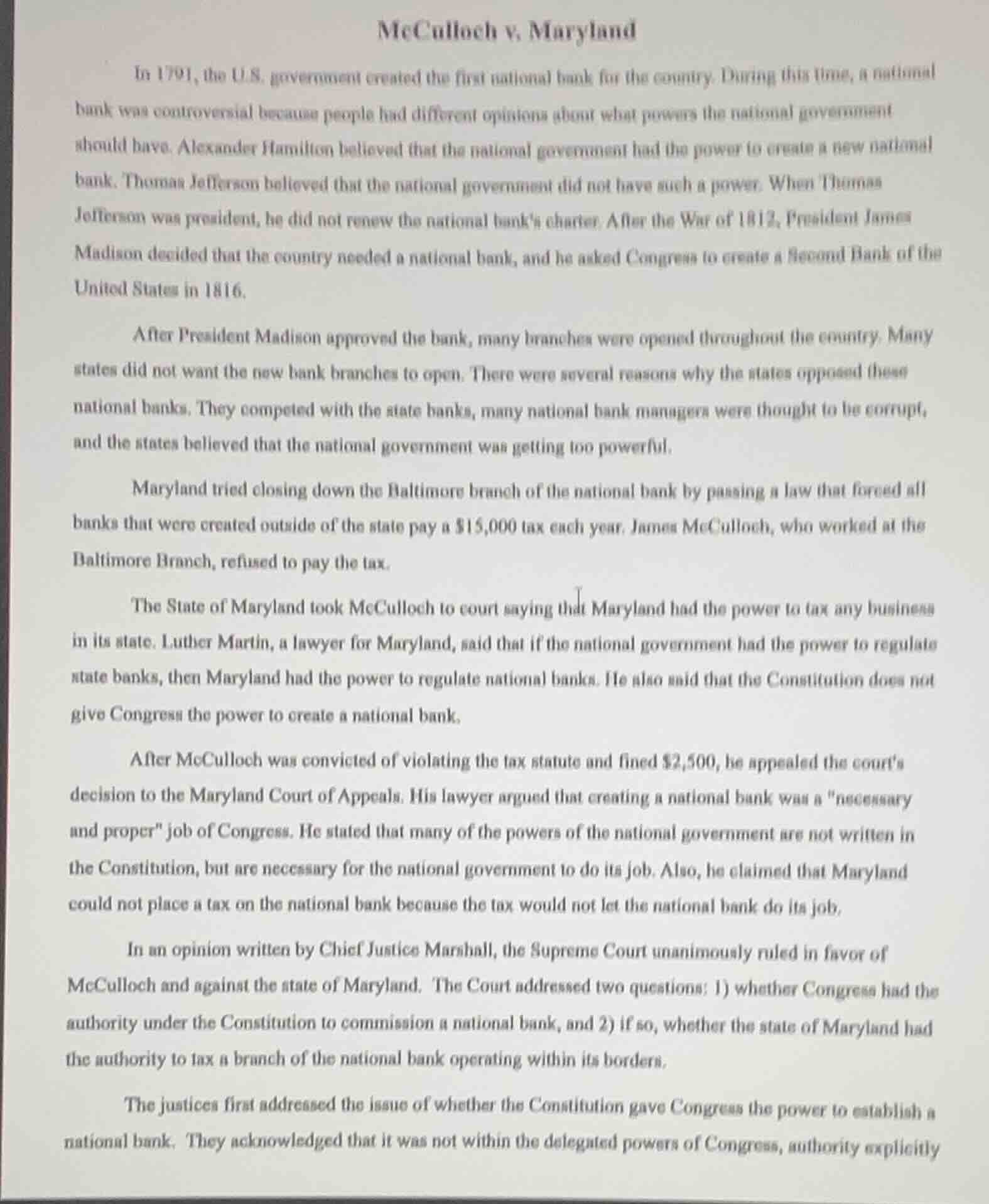 mcculloch v. maryland in 1791, the u.s. government created the first na…