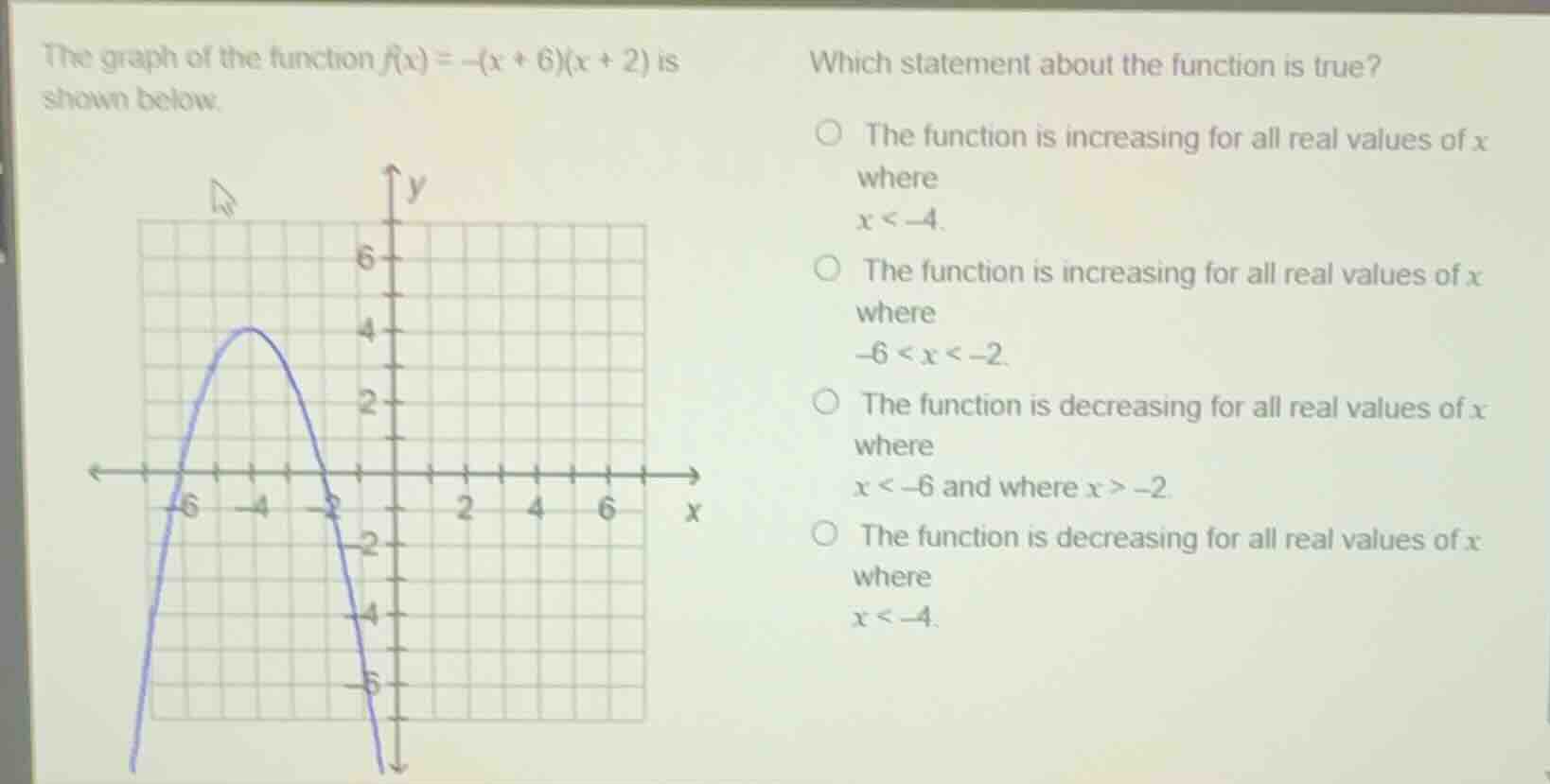 the graph of the function $f(x) = -(x + 6)(x + 2)$ is shown below. whic…