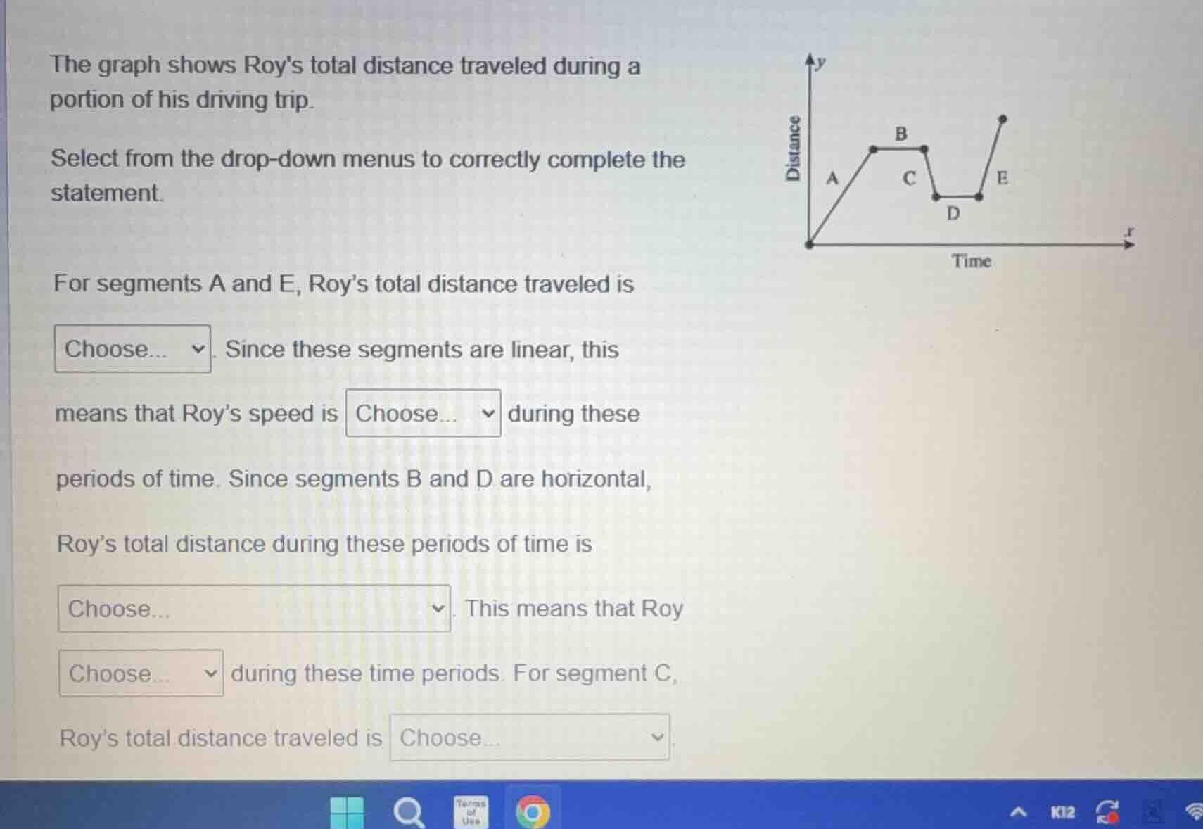 the graph shows roys total distance traveled during a portion of his dr…