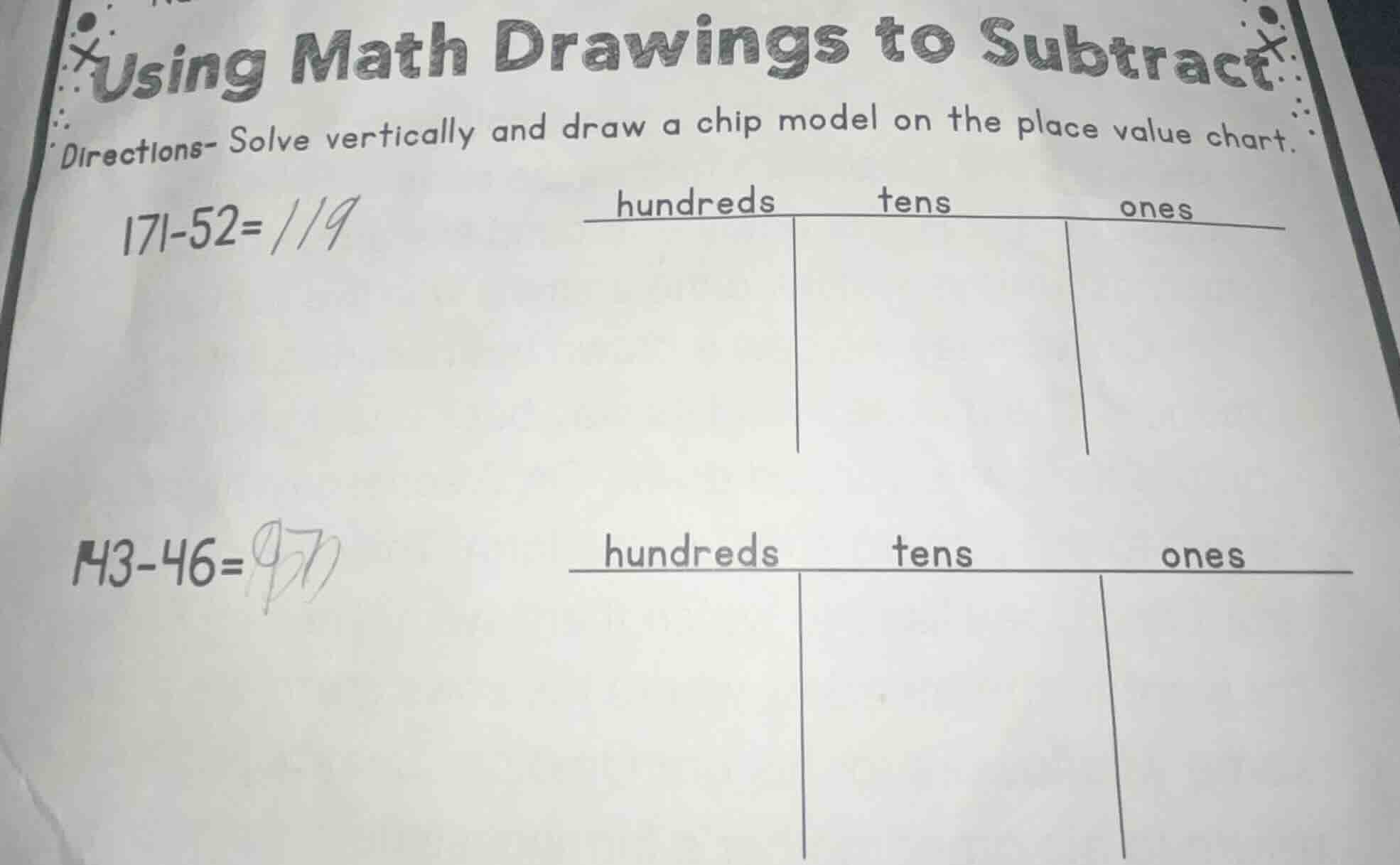 using math drawings to subtract directions- solve vertically and draw a…