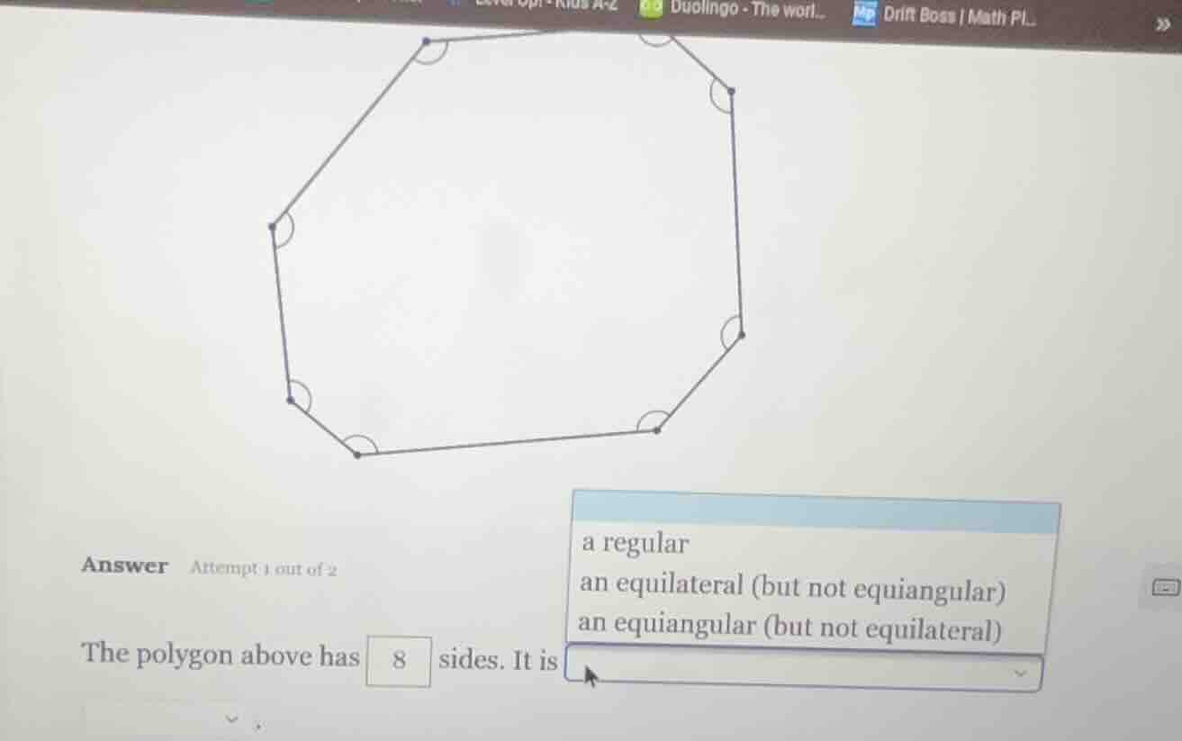 answer attempt 1 out of 2 the polygon above has 8 sides. it is options:…