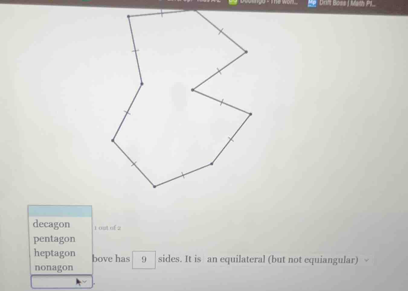 decagon pentagon heptagon nonagon above has 9 sides. it is an equilater…