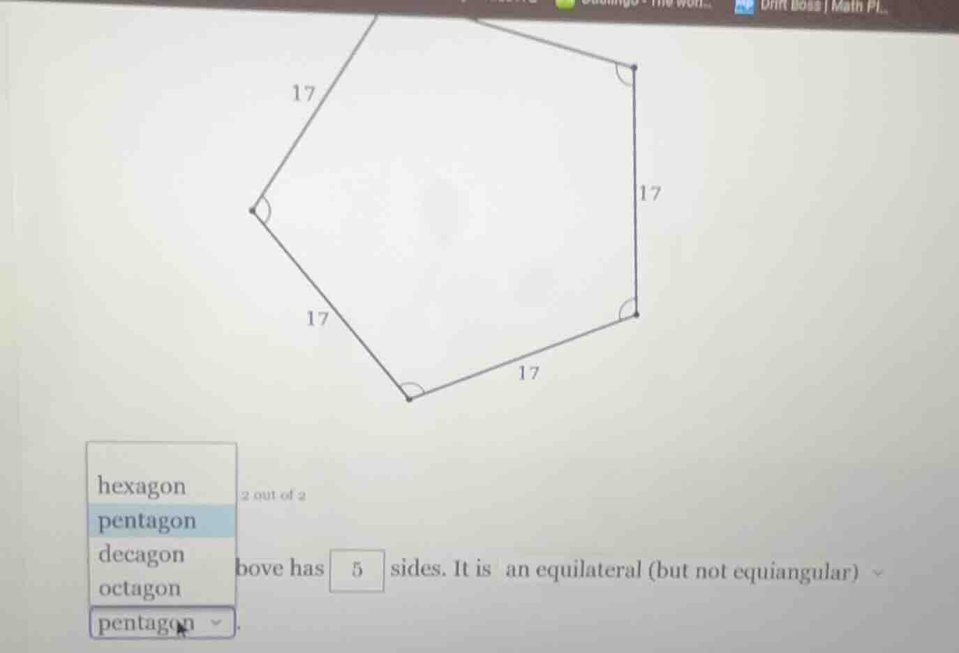 the figure above has 5 sides. it is an equilateral (but not equiangular…