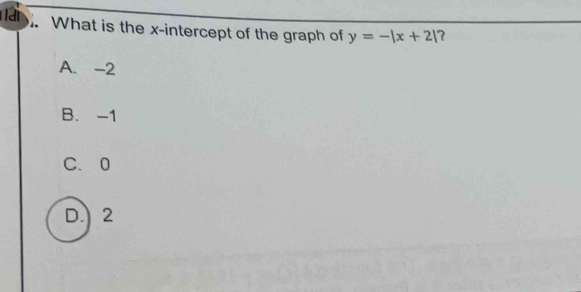 what is the x-intercept of the graph of $y = -|x + 2|$? a. $-2$ b. $-1$…